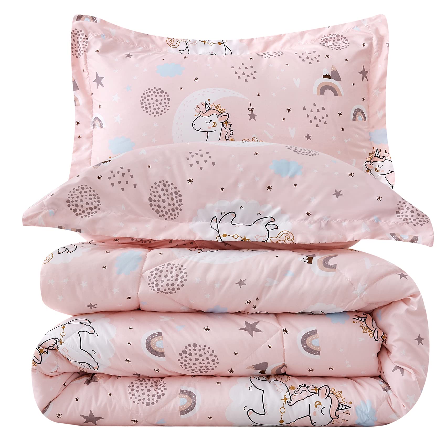 Jsd Pink Unicorn Kids Comforter Set Full Size, 3 Piece Girls Rainbow Microfiber Comforter With Pillow Shams, Lightweight All Sea