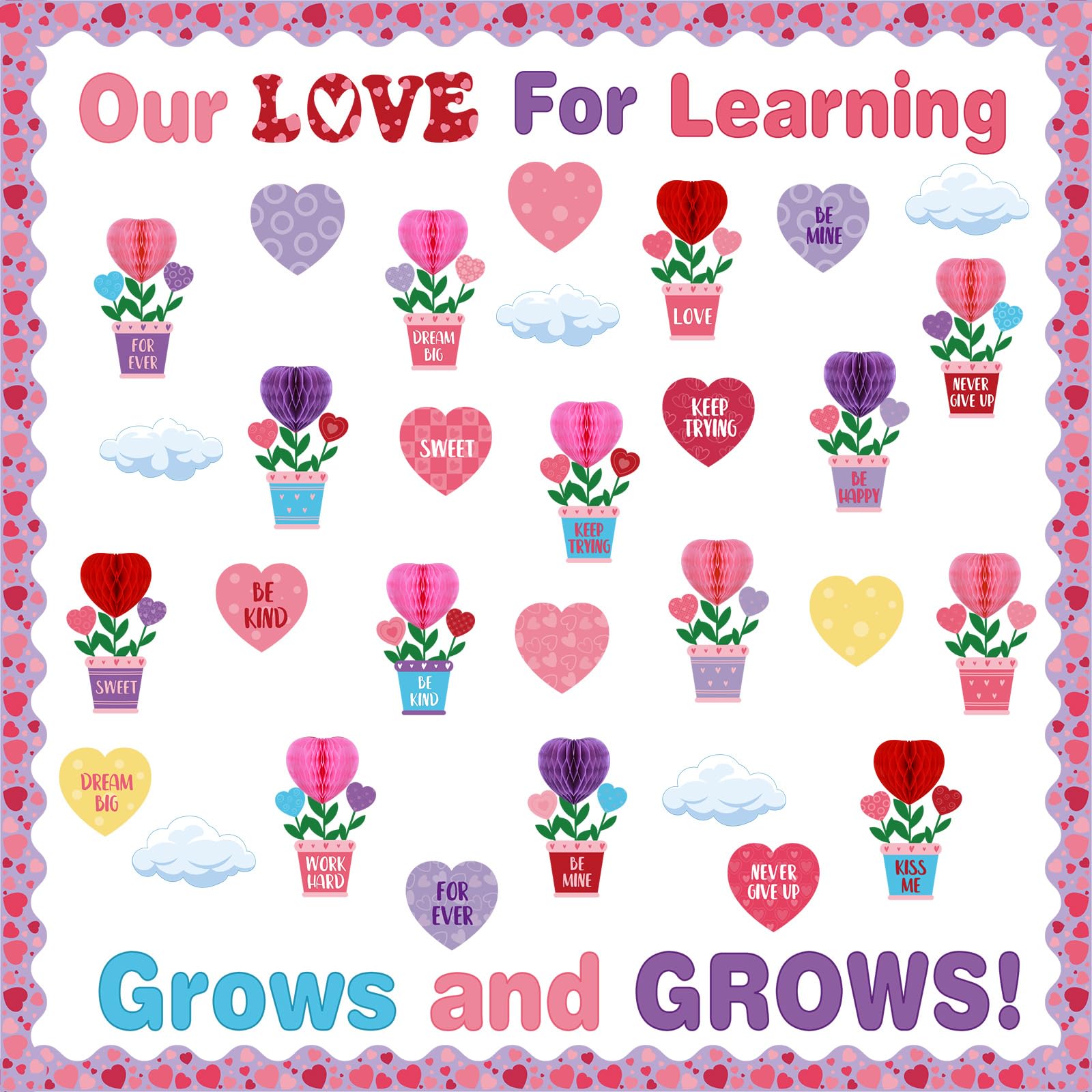 Sayglossy Valentine'S Day Bulletin Board Decorations Set Heart Paper Cutouts 3D Flowerpot Pink Red Love Honeycomb Our Love For L