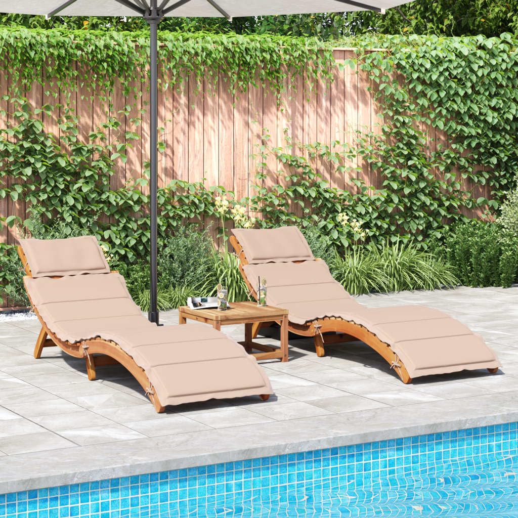 vidaXL Acacia Wood Sun Loungers - Beige Patio/Garden/Outdoor Recliners with Cushions (2 pcs), Foldable & Slatted Design, Weather Resistant