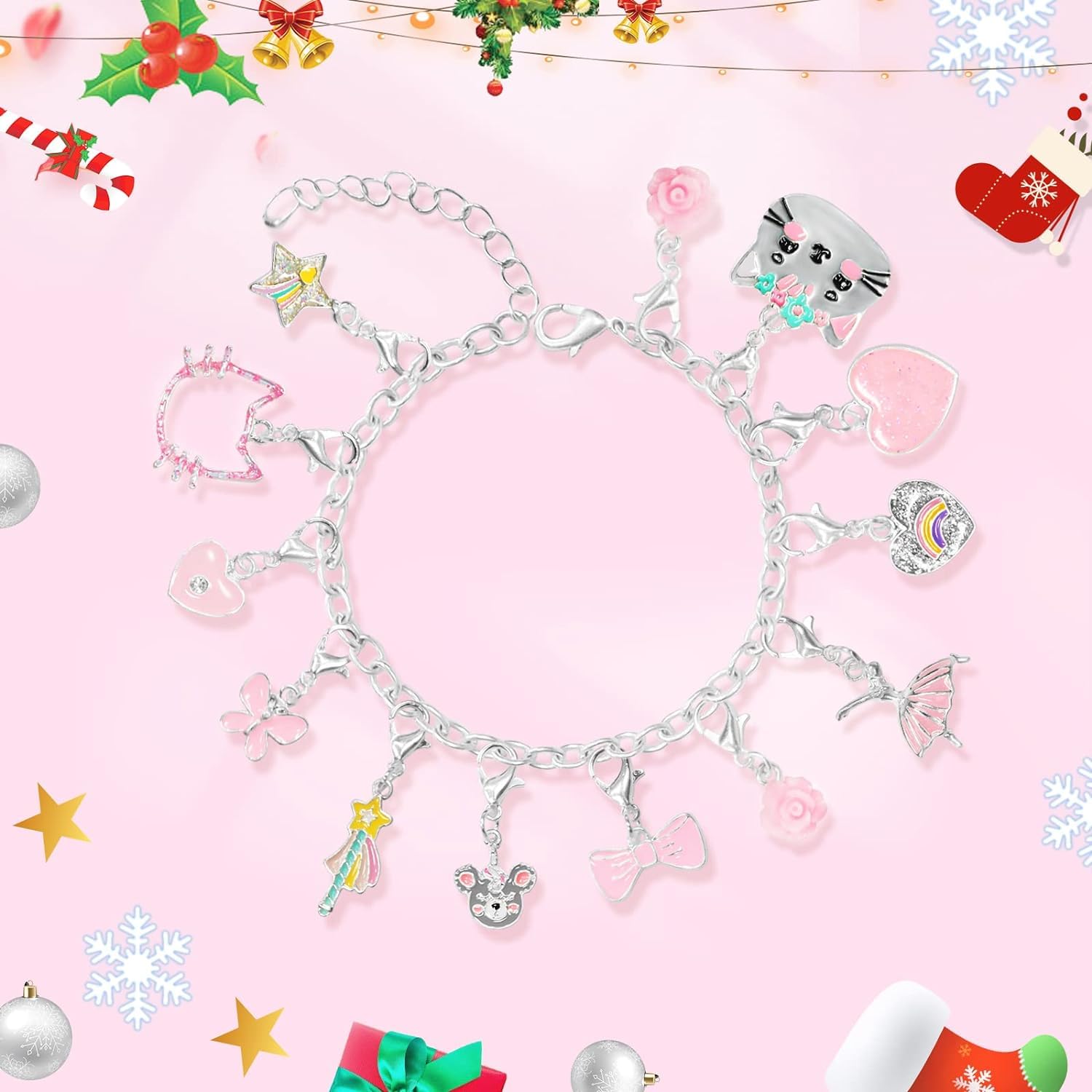 Advent Calendar 2024,Christmas Countdown Diy Cute Cat Charms Bracelet Fashion Christmas With 2 Bracelets And 22 Unique Charms Je