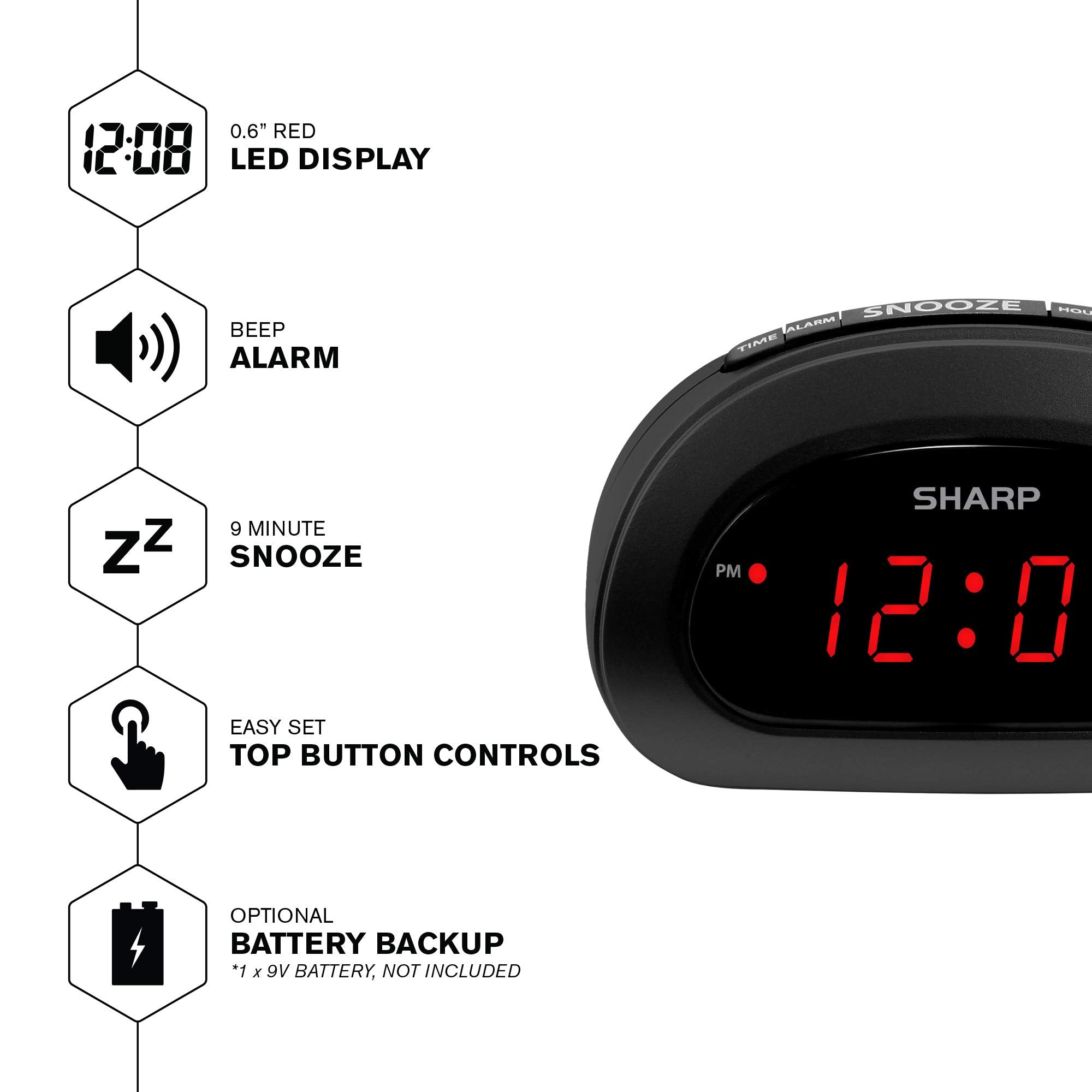 Sharp Small Digital Alarm Clock With Snooze And Battery Backup, Easy To Use Top Button Controls For Simple Use, Black Case With