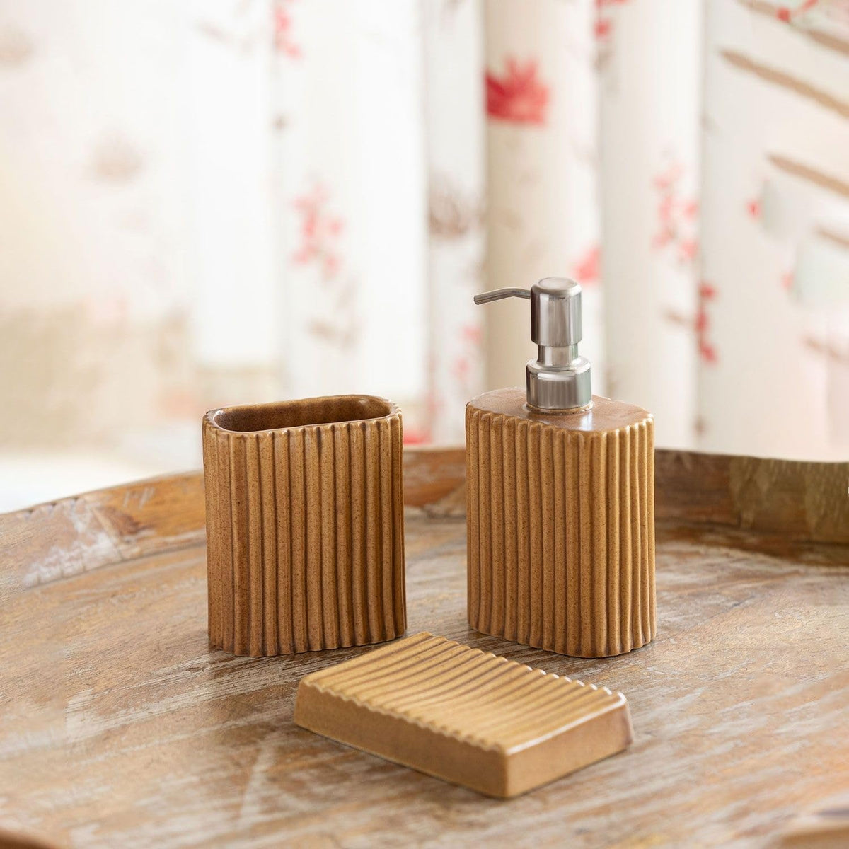 ExclusiveLane Amber Flute Ceramic Bathroom Accessories Set of 3 (Ceramic Liquid Soap Dispenser Set for Wash Basin, Paste & Too