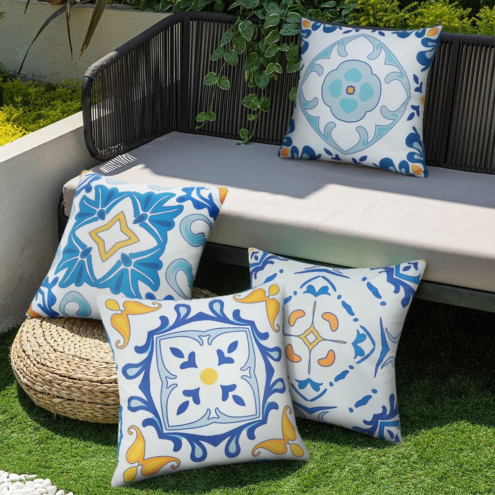 Jasen Outdoor Waterproof Pillow Covers, Blue Floral Outdoor Throw Pillow Cover Set Of 4, Boho Double-Sided Decorative Outside Th