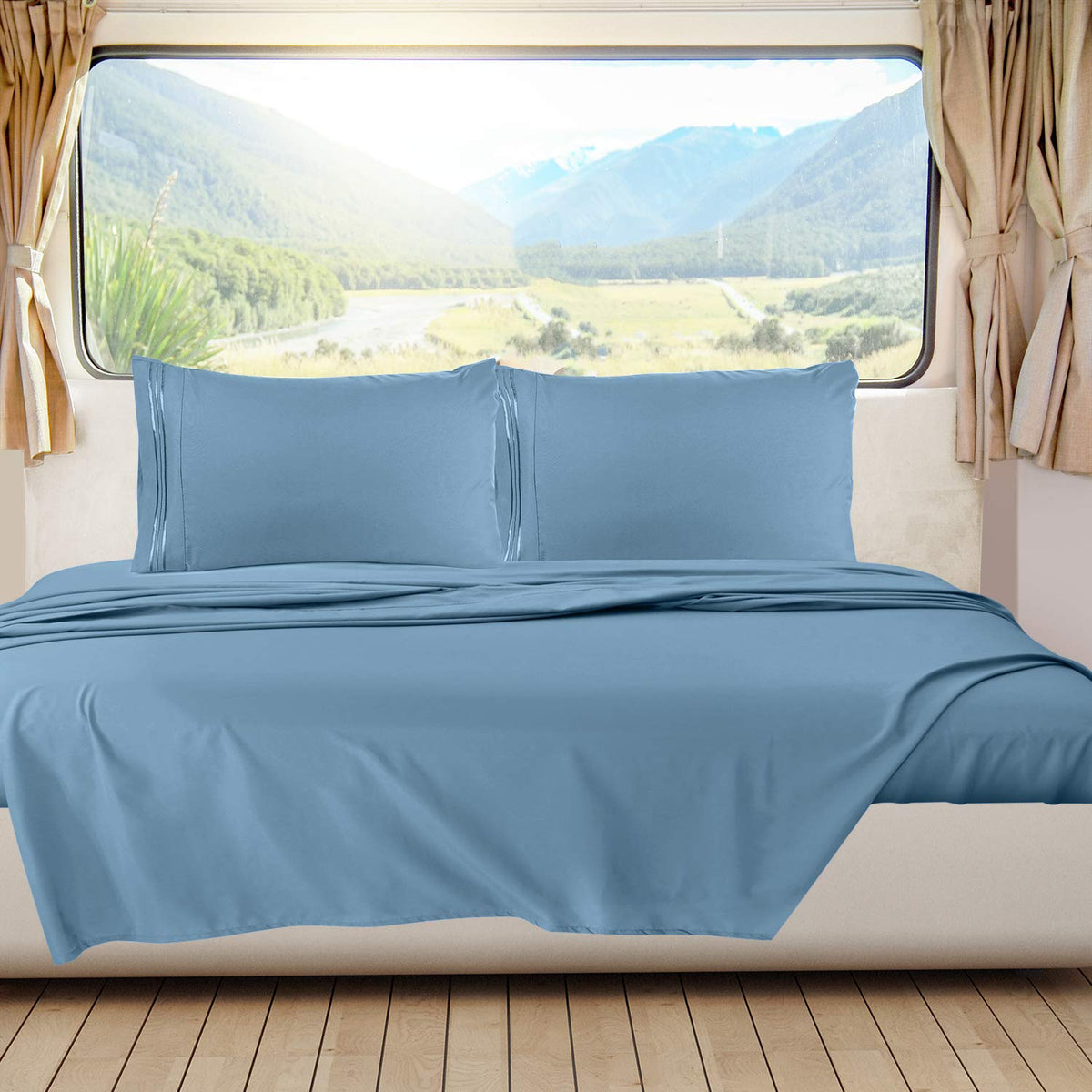 Nestl Blue Heaven Rv Queen Sheets - Super Soft Rv Short Queen Sheets For Rv Camper, 4 Piece 1800 Microfiber Fitted Rv Sheets, Do