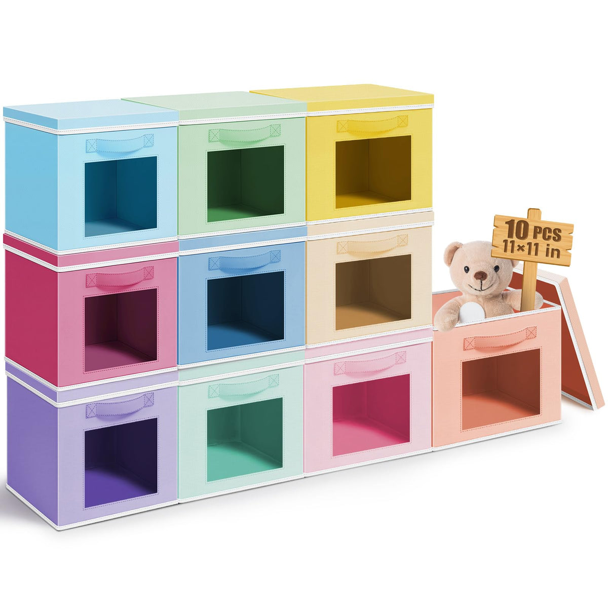 Threehoney 10 Pcs Fabric Storage Cubes with Lids, 11 x 11 Inch, Pastel