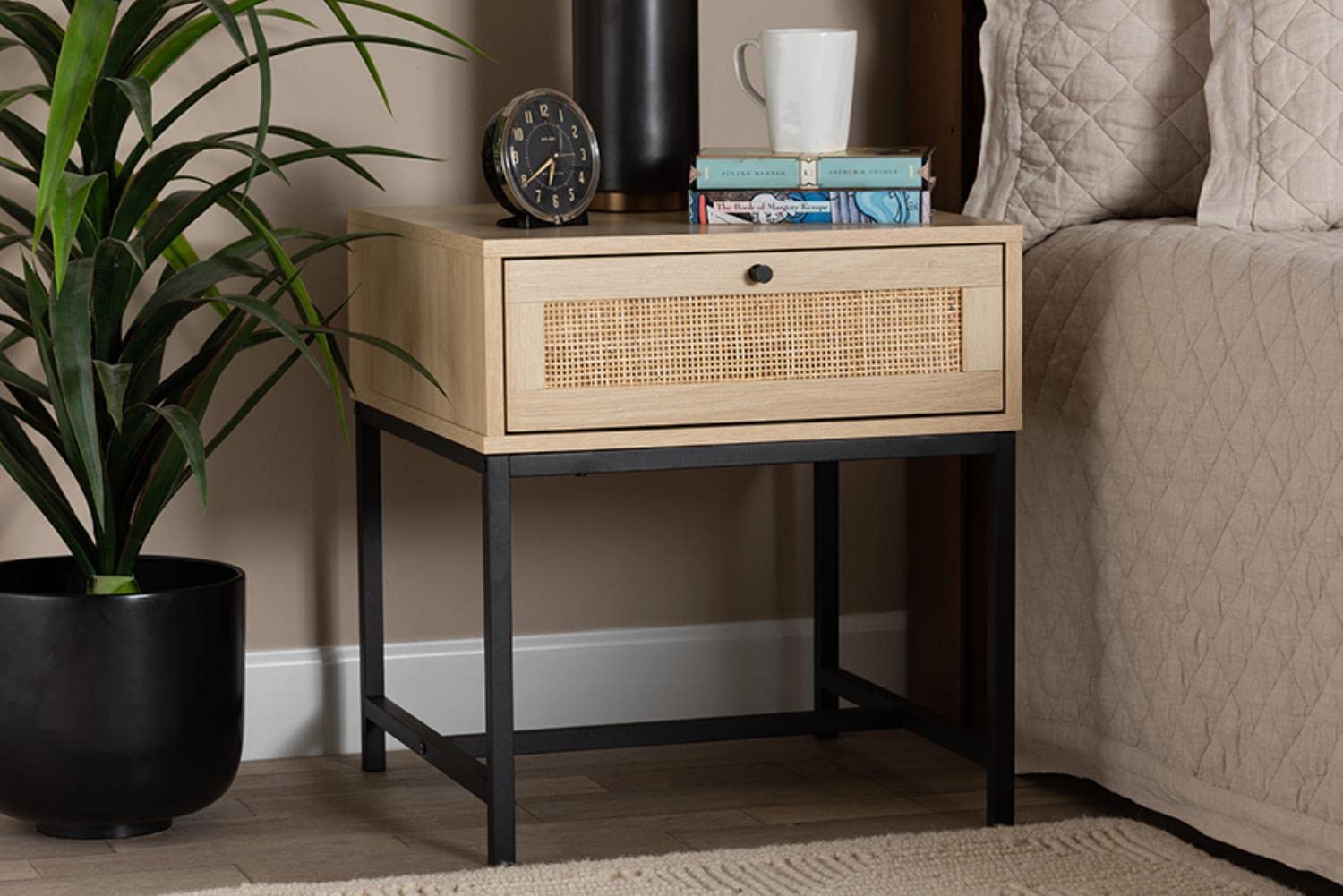Baxton Studio Caterina Natural Brown Wood and Natural Rattan 1-Drawer End Table