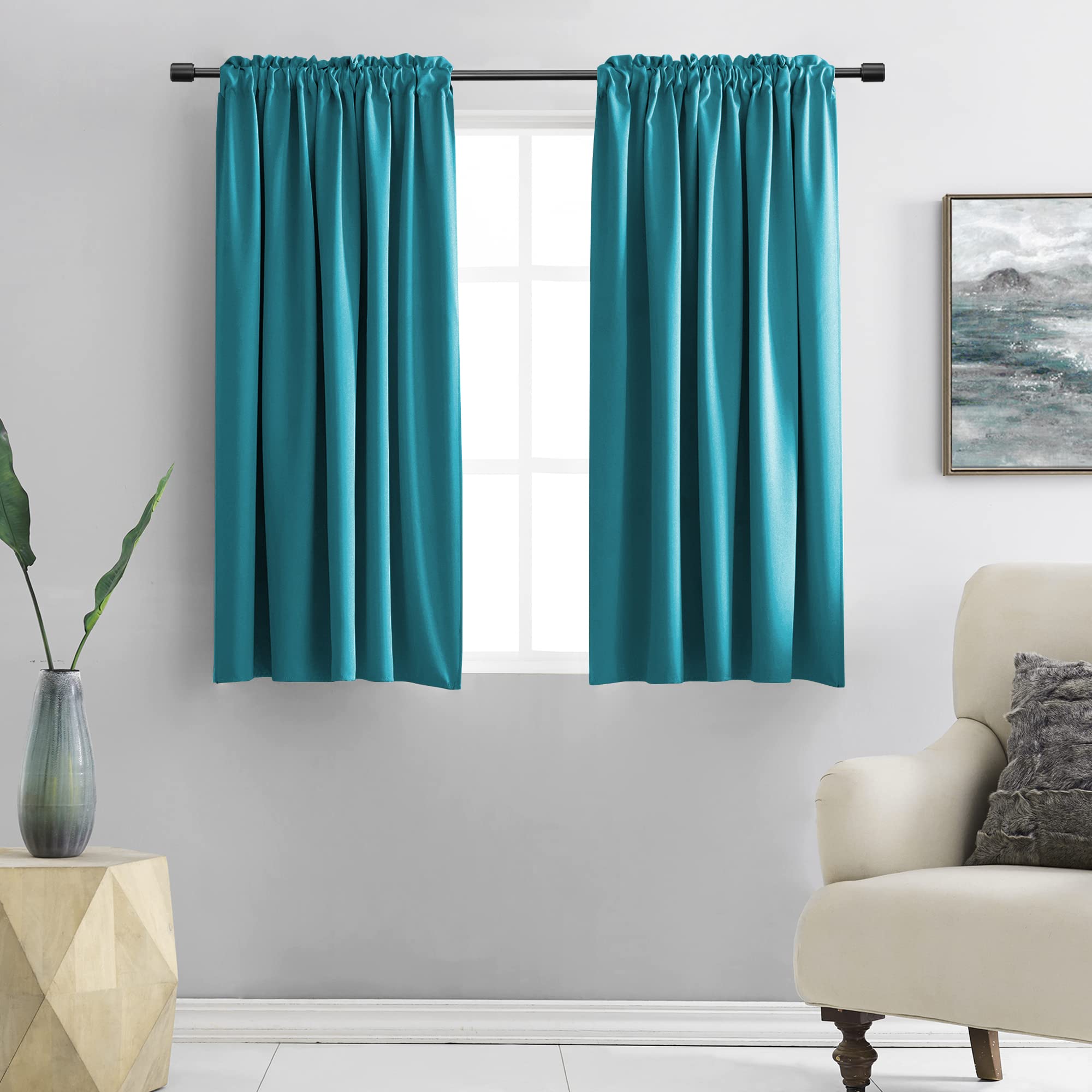 DONREN Teal Rod Pocket Blackout Curtain Drapes for Kitchen - Window Treatment Energy Saving Solid Curtains (42 by 45 Inches,2 Pa