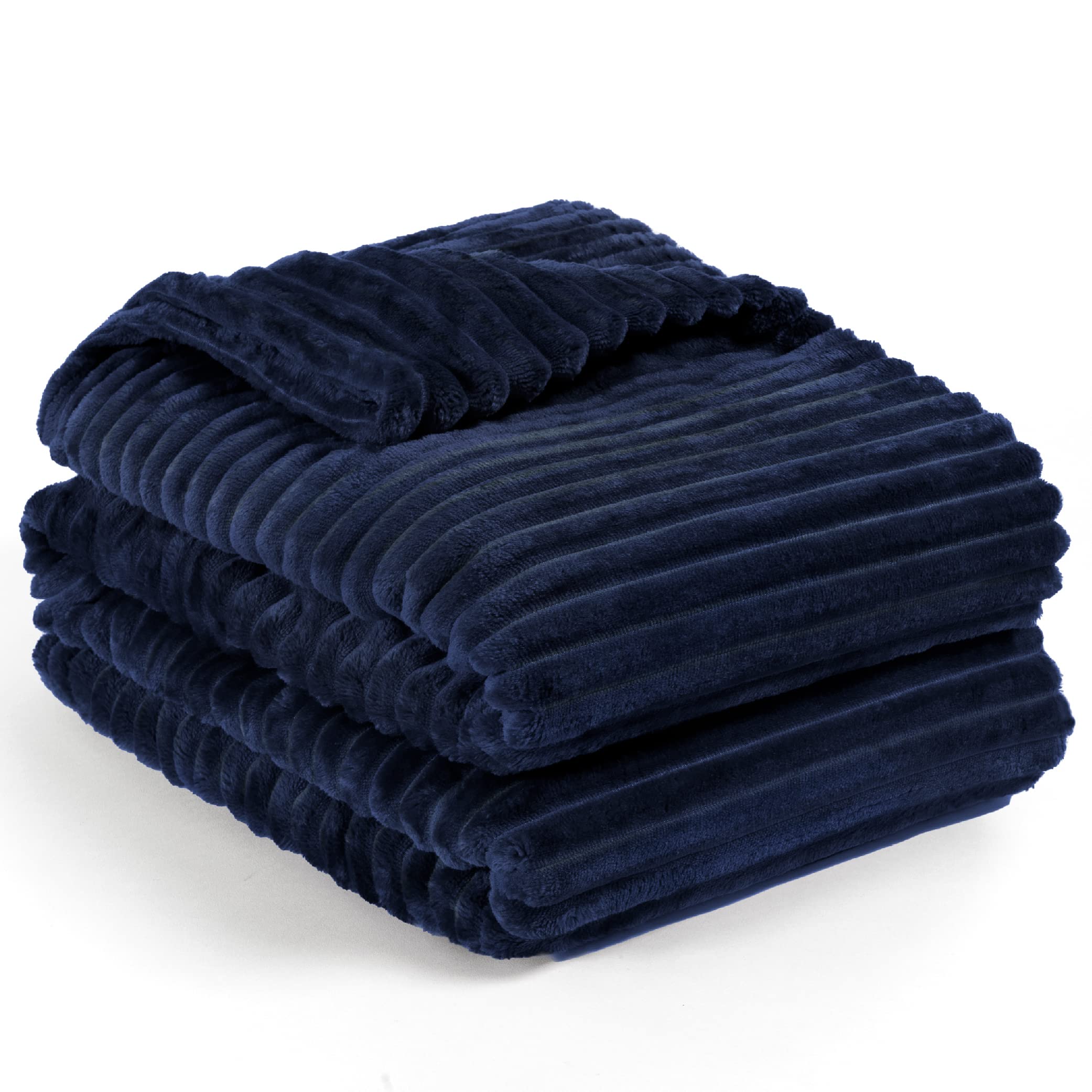 Pavilia Soft Fleece Queen Bed Blanket Navy Blue, Large Fuzzy Plush Flannel Blanket, Warm Cozy Ribbed Microfiber Blanket For Sofa