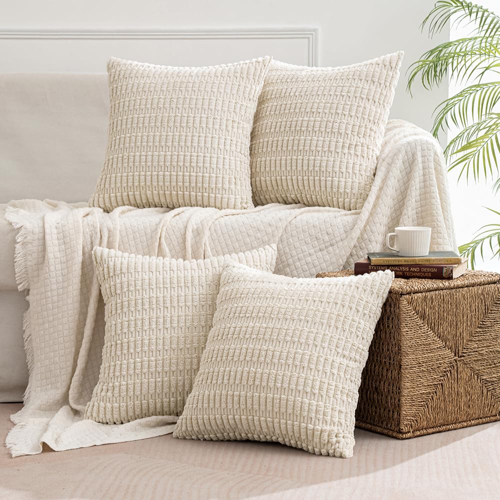 Miulee Christmas Pack Of 4 Cream White Corduroy Decorative Throw Pillow Covers 22X22 Inch Soft Boho Striped Pillow Covers Modern