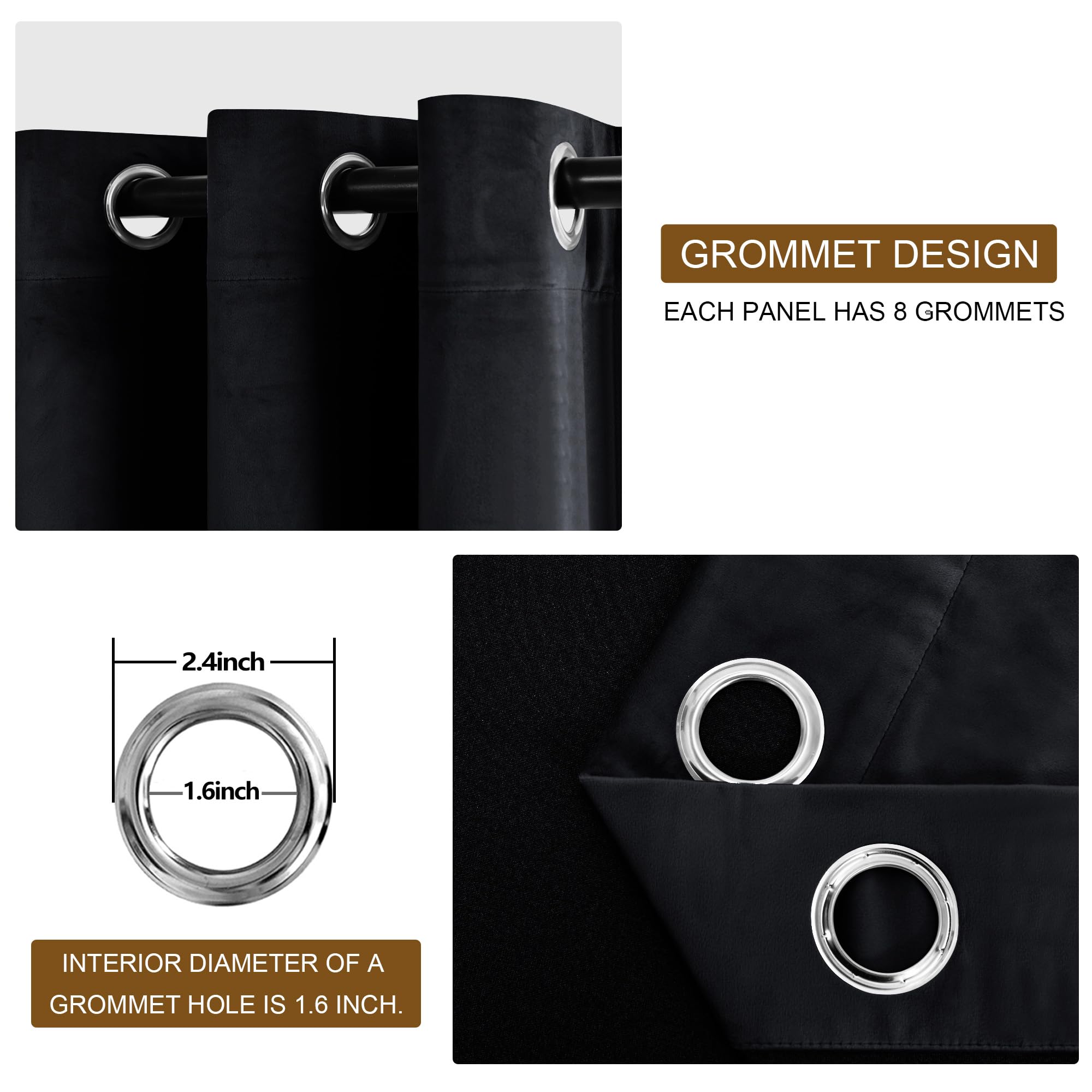Dwcn Black Blackout Velvet Curtains 84 Inches With Tiebacks - Elegant Heavy Duty Thermal Insulated Energy Efficiency Grommet Win