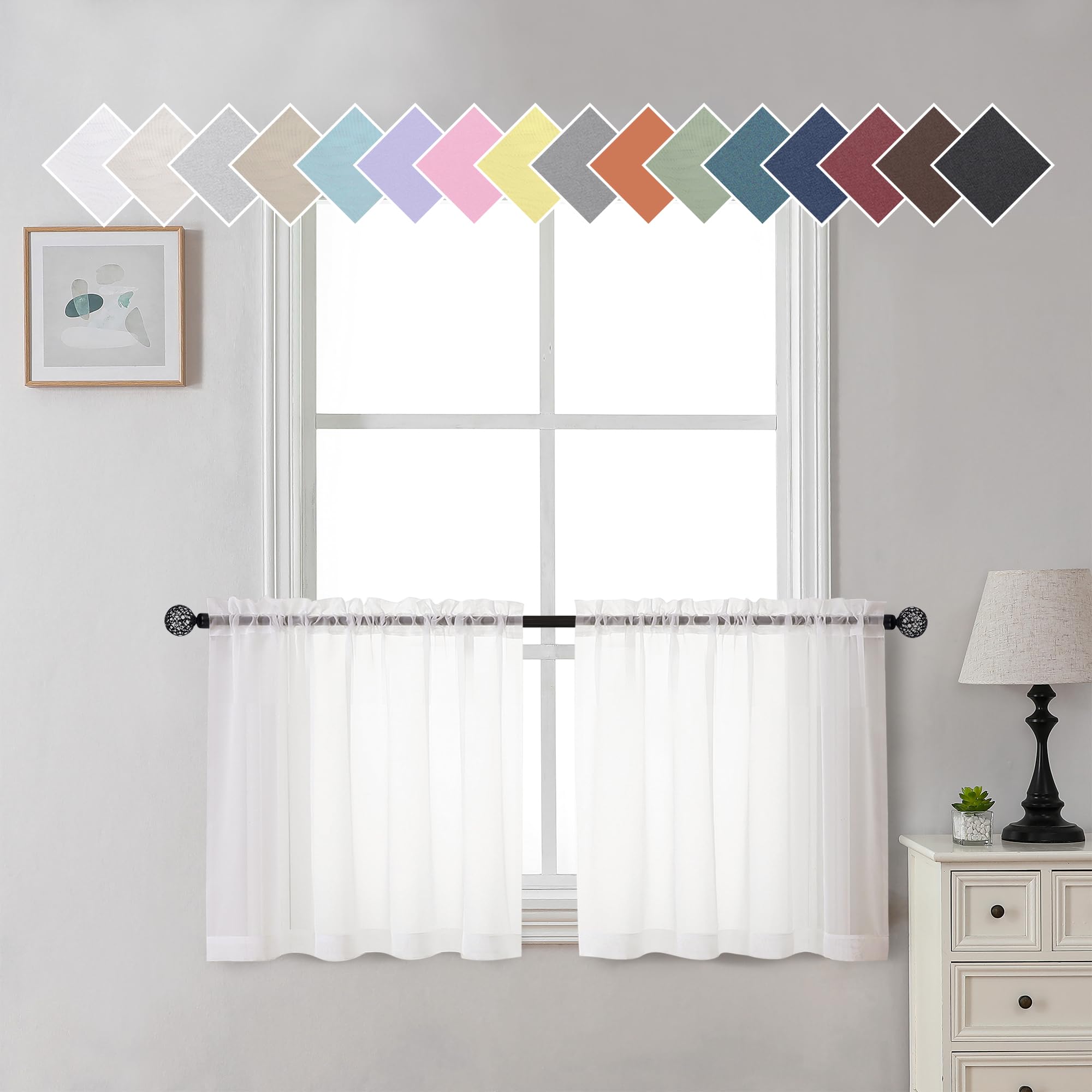 Aiyufneg White Sheer Valance For Window Curtains 24 Inch Length, Light Filtering Kitchen Valances, Small Voile Sheer Curtains Fo