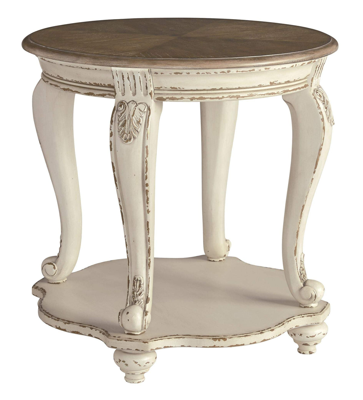 Benjara Round Wooden End Table With Open Bottom Shelf, Brown And White