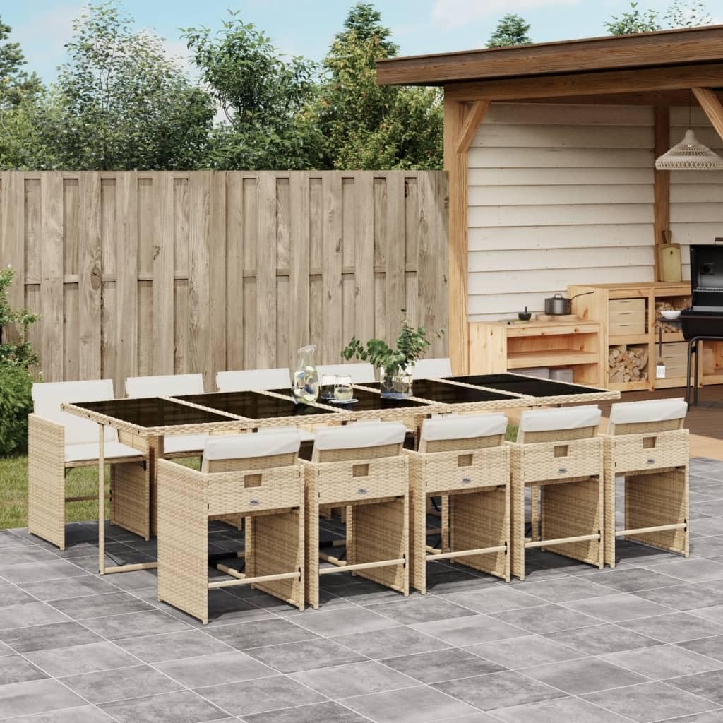 vidaXL 11 Piece Patio Dining Set with Cushions - Beige Poly Rattan Outdoor Furniture for Garden/Backyard/Patio with Tempered Glass Tabletop