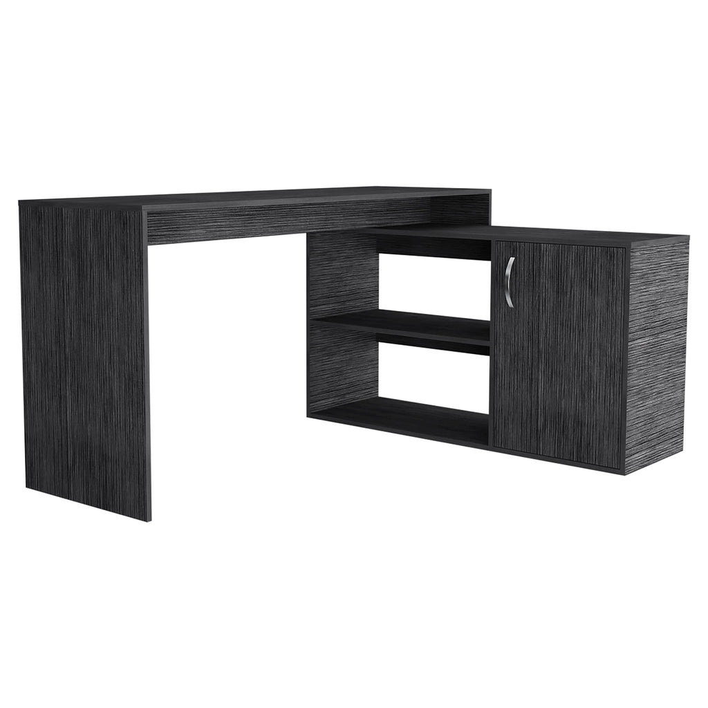 DEPOT E-SHOP Boston L-Shaped Desk, Single Door Cabinet, 2 Open Shelves, 2 Interior Shelves, Smokey Oak