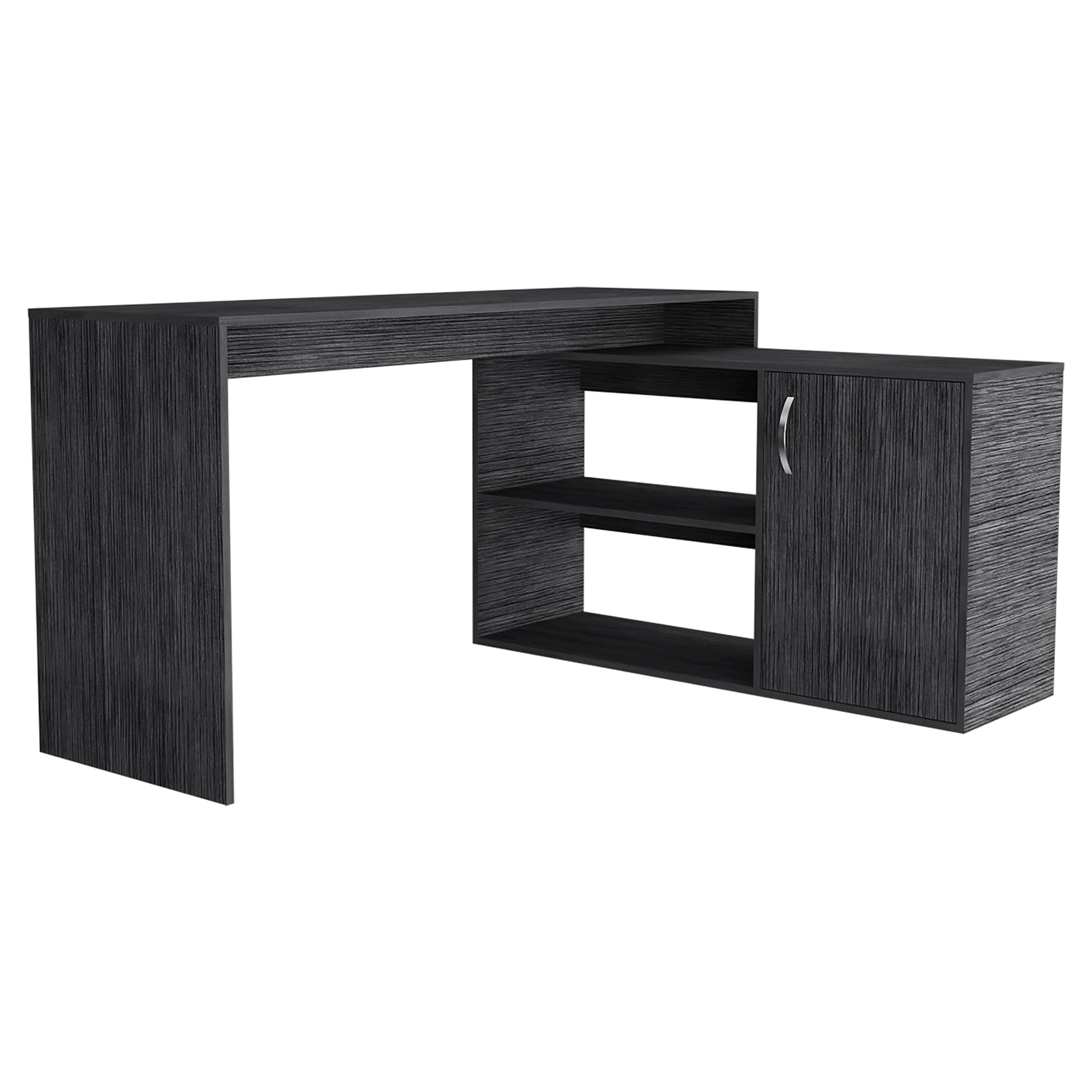 DEPOT E-SHOP Boston L-Shaped Desk, Single Door Cabinet, 2 Open Shelves, 2 Interior Shelves, Smokey Oak