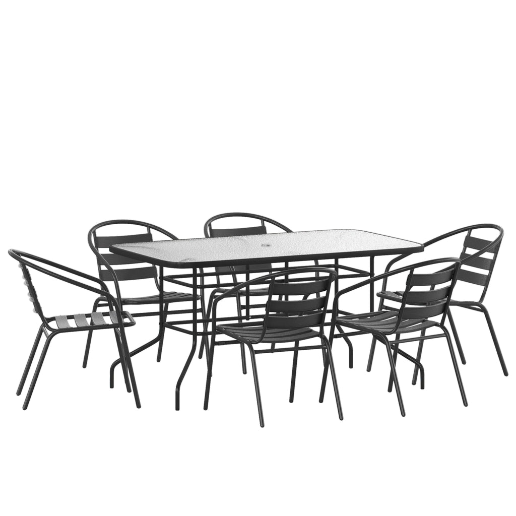 Flash Furniture Lila 7-Piece Glass Patio Table And Chairs Set, Outdoor Patio Dining Set With Rectangular Table And 6 Slat Back Patio Chairs, Black