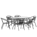 Flash Furniture Lila 7-Piece Glass Patio Table And Chairs Set, Outdoor Patio Dining Set With Rectangular Table And 6 Slat Back Patio Chairs, Black