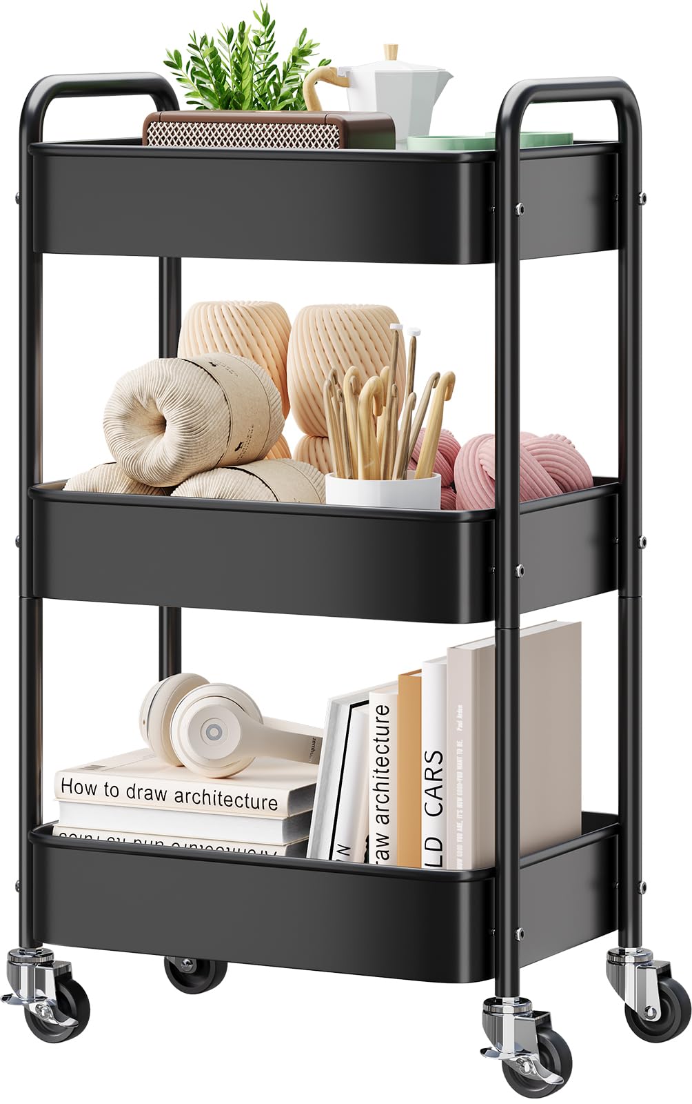 3 Tier Rolling Cart Metal, Black Carts With Lockable Wheels, Three Tiered Utility Trolley On Wheels, Sturdy Art Cart Organizer S