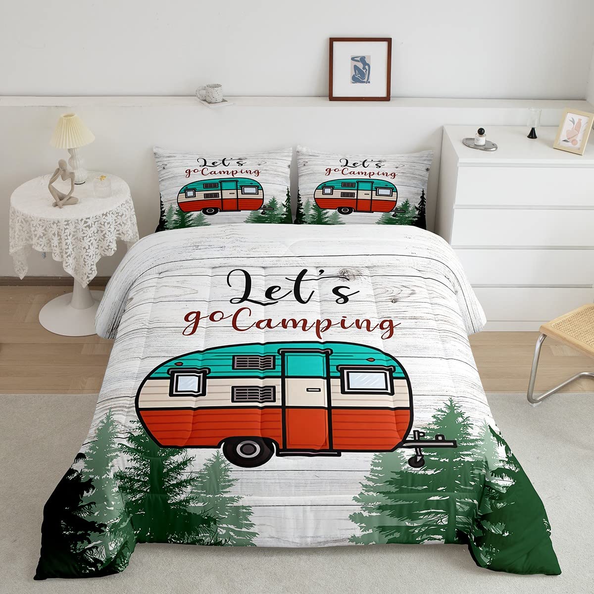 Boys Girls Camper Comforter Set Queen,Rv Traveler Adventure Bedding Set 3Pcs For Kids Teens Room Decor,Vintage Wooden Plank Pine