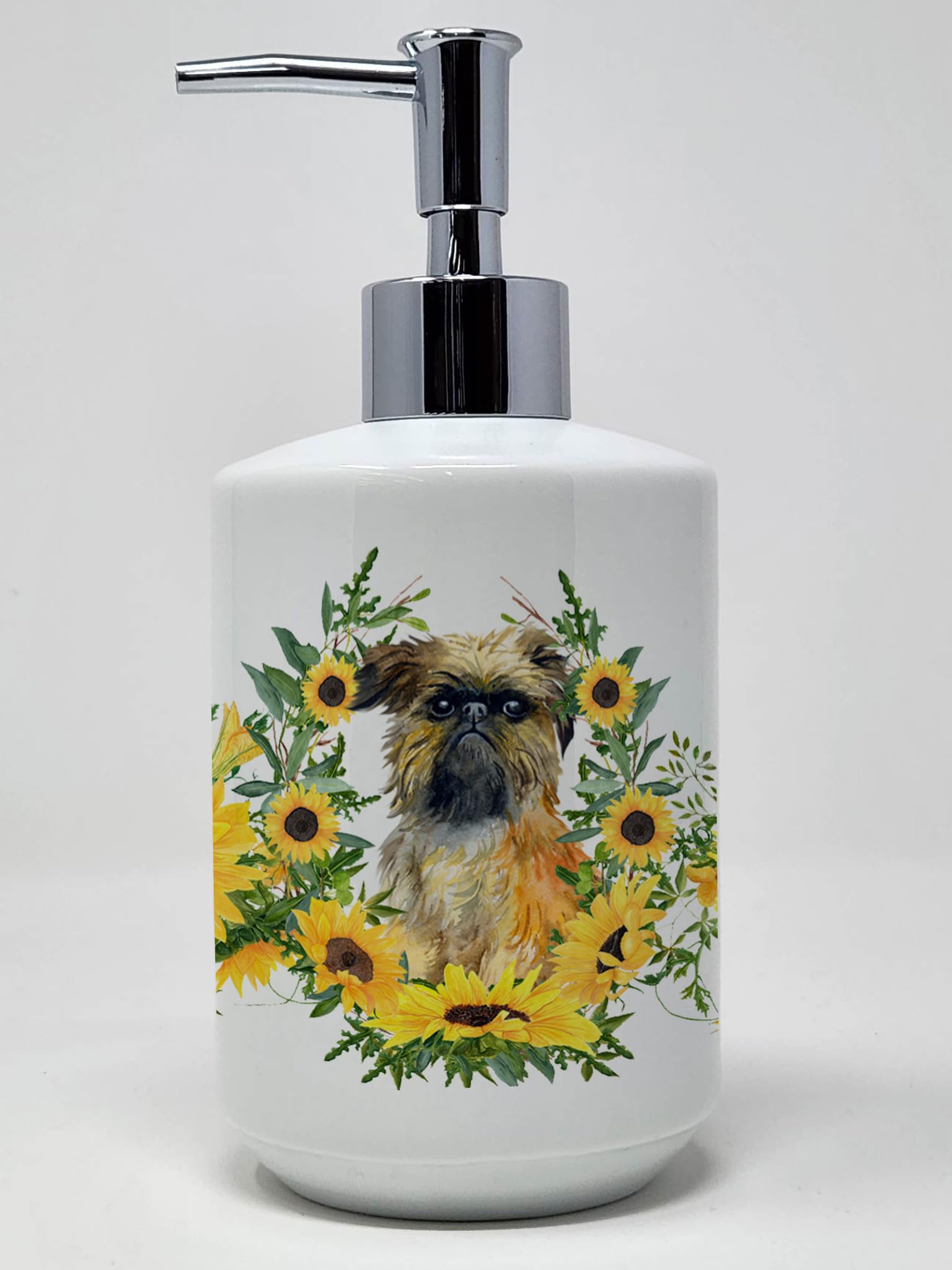 Caroline's Treasures CK2879SOAP Brussels Griffon in Sunflowers Ceramic Soap Dispenser Hand Soap Dispenser Pump Bottles for Bathr
