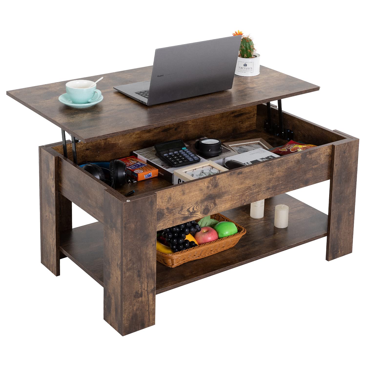 FDW Coffee Table, Lift Top Coffee Table Wooden Center Tables with Hidden Compartment and Storage Shelf Wooden Lift Tabletop for 