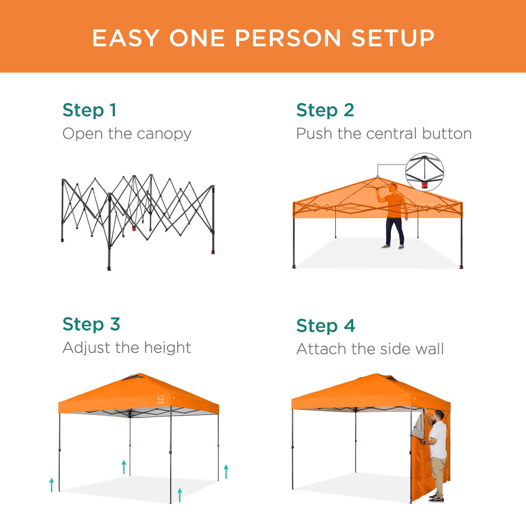 Best Choice Products 10X10Ft Easy Pop Up Canopy W/Side Wall, 10 Pockets, Portable Carrying Case, 1-Button Setup, 4 Weight Bags - Orange