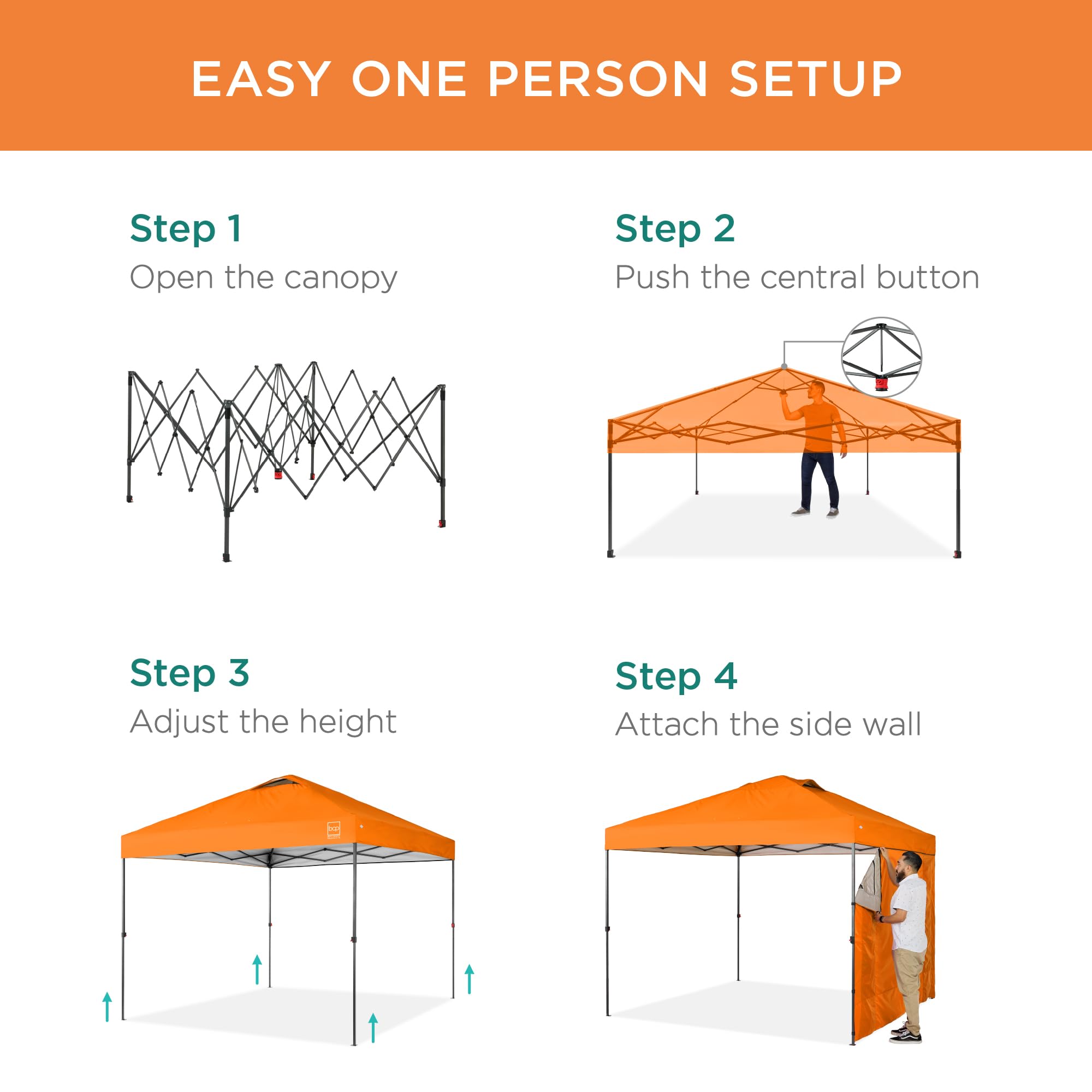 Best Choice Products 10X10Ft Easy Pop Up Canopy W/Side Wall, 10 Pockets, Portable Carrying Case, 1-Button Setup, 4 Weight Bags - Orange