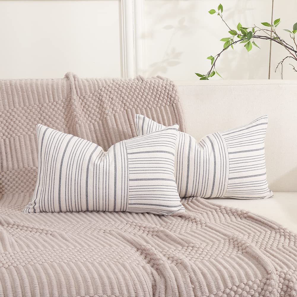 Carrie Home Farmhouse Decor Grey Neutral Pillow Covers 20X20 Set Of 2 Gray Striped Patchwork Boho Pillows For Home Couch And Sof
