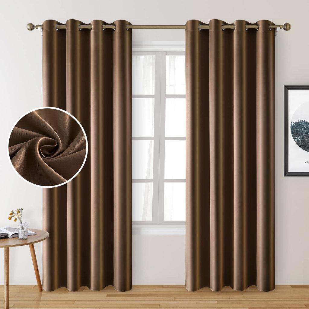 HOMEIDEAS 2 Panels Faux Silk Curtains Chocolate Blackout Curtains for Nursery 52 X 96 Inch Room Darkening Satin Curtains for Bed