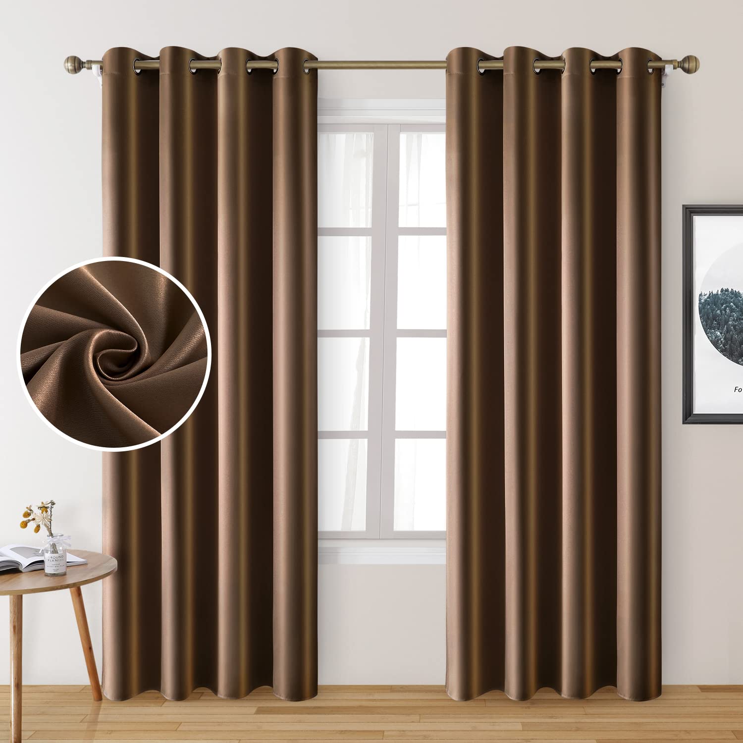 HOMEIDEAS 2 Panels Faux Silk Curtains Chocolate Blackout Curtains for Nursery 52 X 84 Inch Room Darkening Satin Curtains for Bed