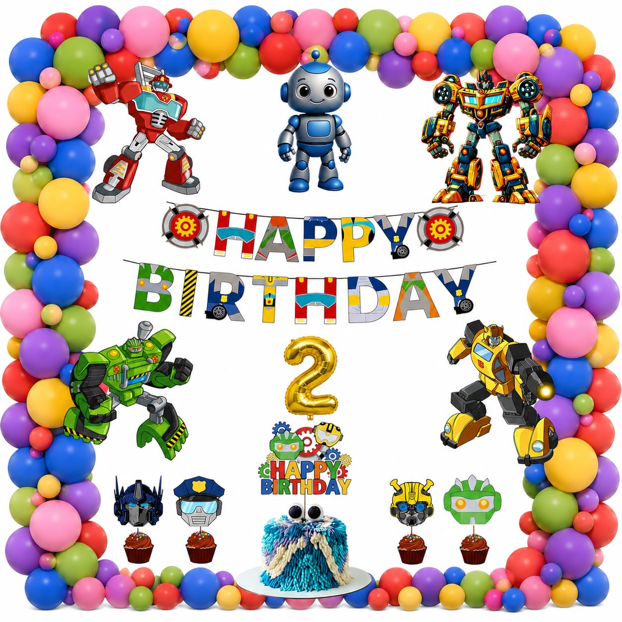 Partyjoy Robot Theme Birthday Decoration Kit For Boys | Happy Birthday Banner, Cake Topper, Cupcake Toppers & Robot Cutouts | Ki