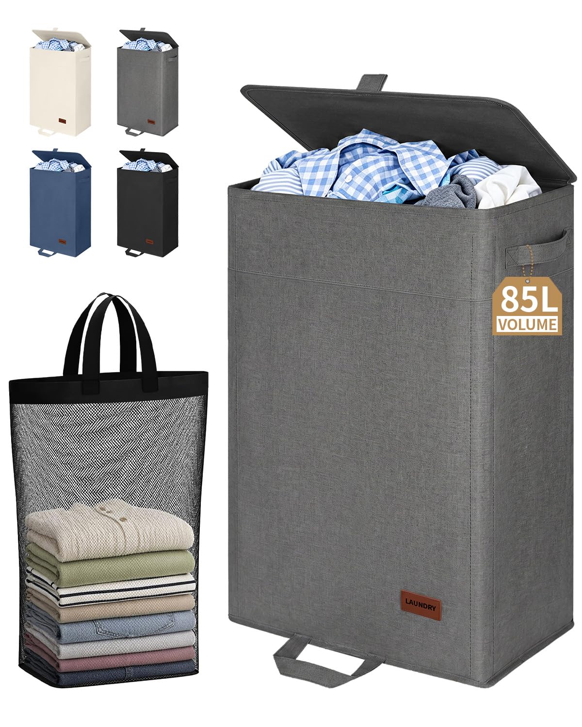 Hosynwin 85L Laundry Hamper with Lid, Tall Dirty Clothes Hamper, Grey