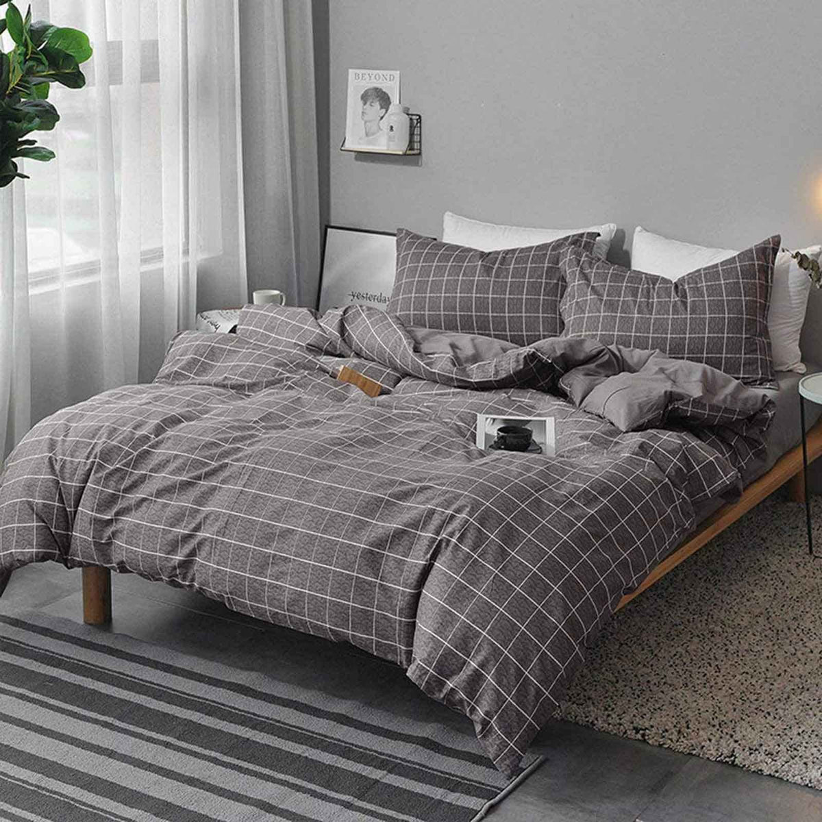 Nanko Queen Duvet Cover Set Gray, 3 Pieces 1200 Tc Luxury Microfiber Down Comforter Quilt Bedding Cover With Zipper Closure, Tie
