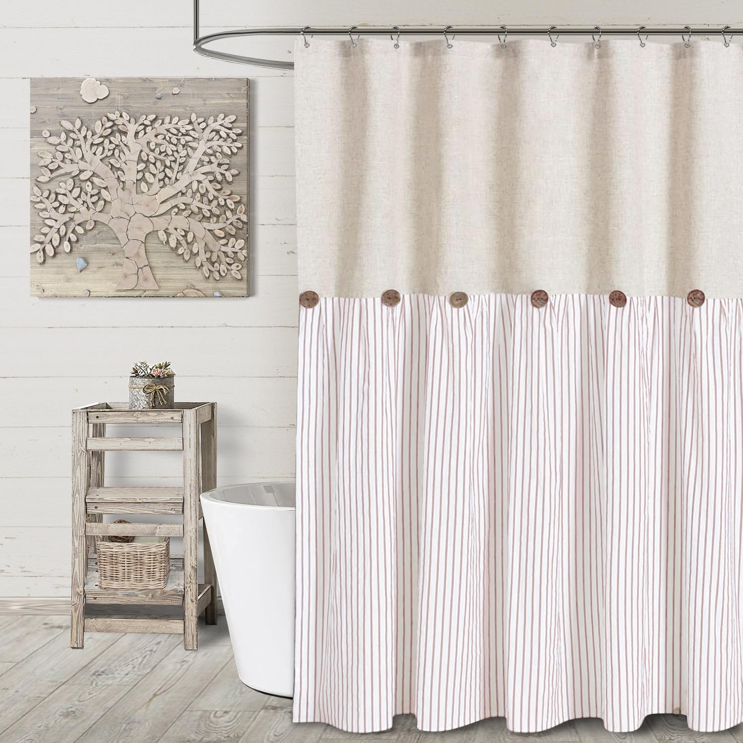 Awellife Pink Shower Curtain Farmhouse Linen Button Beige Shower Curtains,Linen And Cotton Woven Fabric,Country Style (72' L X 72' W)