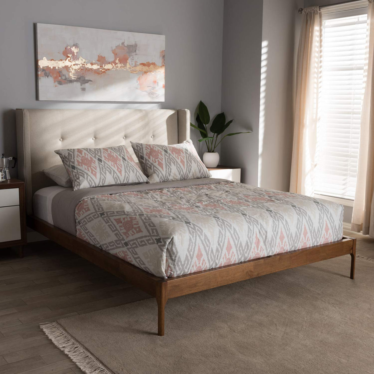 Baxton Studio Brooklyn Mid-Century Modern Walnut Wood Beige Fabric Full Size Platform Bed/Light Beige/Mid-Century/Fabric Polyester 100%'/MDF/LVL/Rubber Wood/Foam