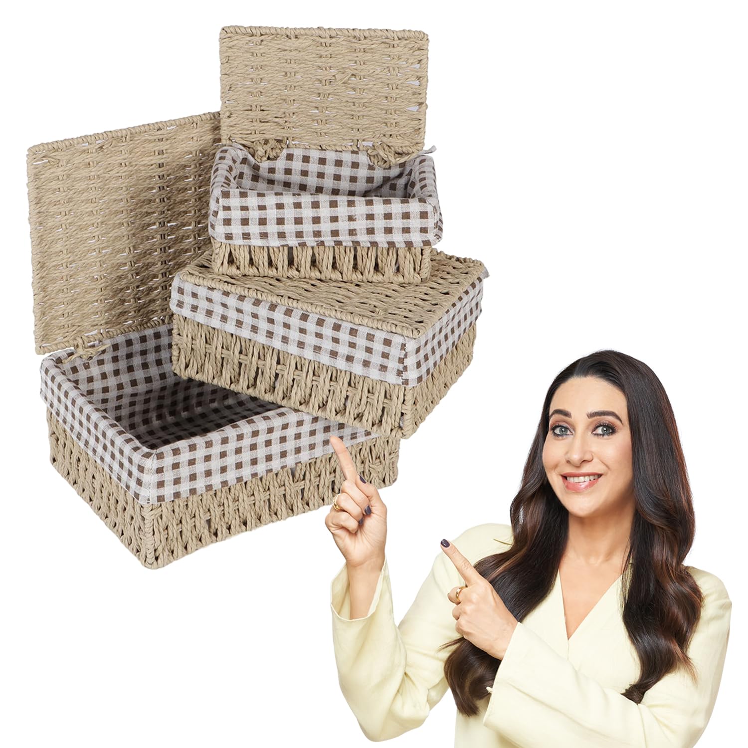 Hokipo EcoFriendly Paper Rope Wicker Storage Baskets With Lid, Pack Of 3, Beige (Ar3905Bge)