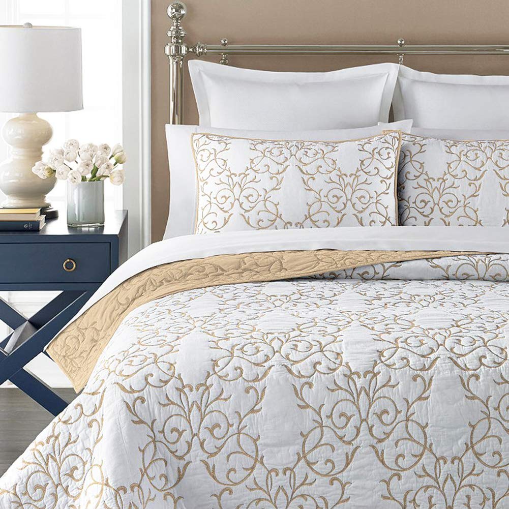Mixinni Reversible Soft Quilts 3-Piece Beige Embroidery Pattern Elegant Set With Embroidered Decorative Shams Soft Bedspread&Cov