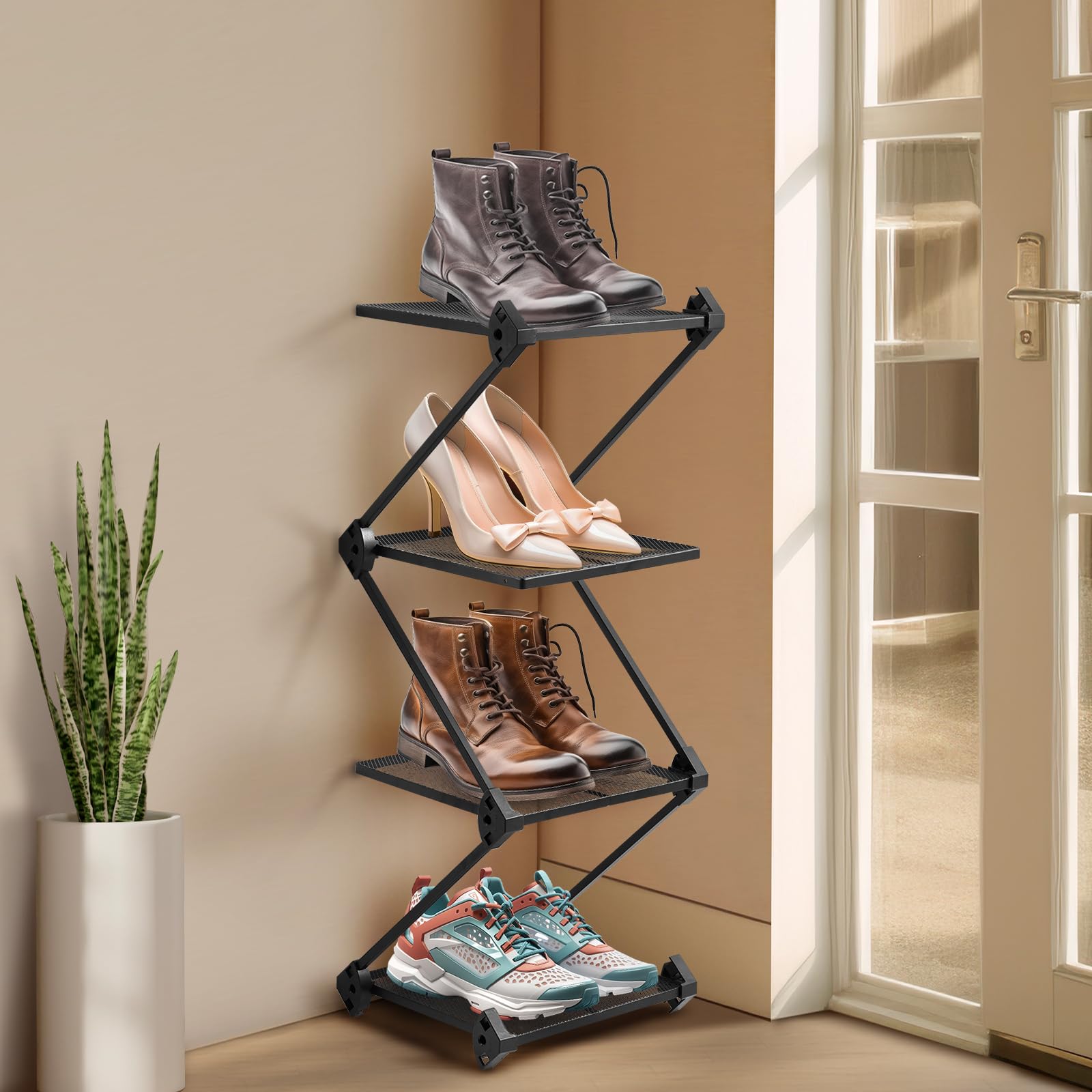GTIPPOR Vertical Shoe Rack 4 Tier Small Shoe Rack Shelf for Entryway Tall Narrow Shoe Organizer Metal Shoe Storage for Closet,Fr
