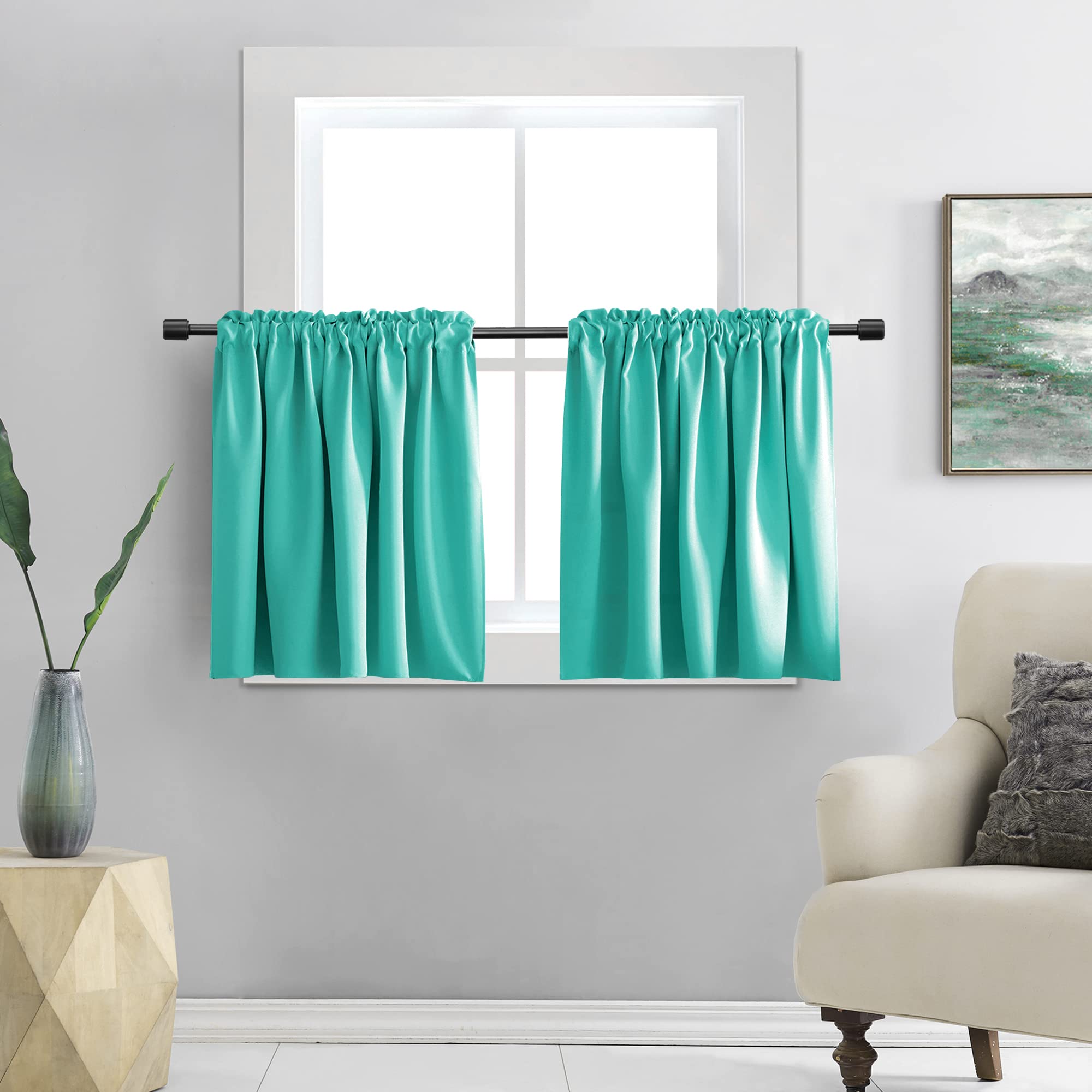 Donren Turquoise Kitchen Blackout Curtain Tiers - Small Curtains For Loft With Rod Pocket(30 W X 36 Inches Long,2 Panels)