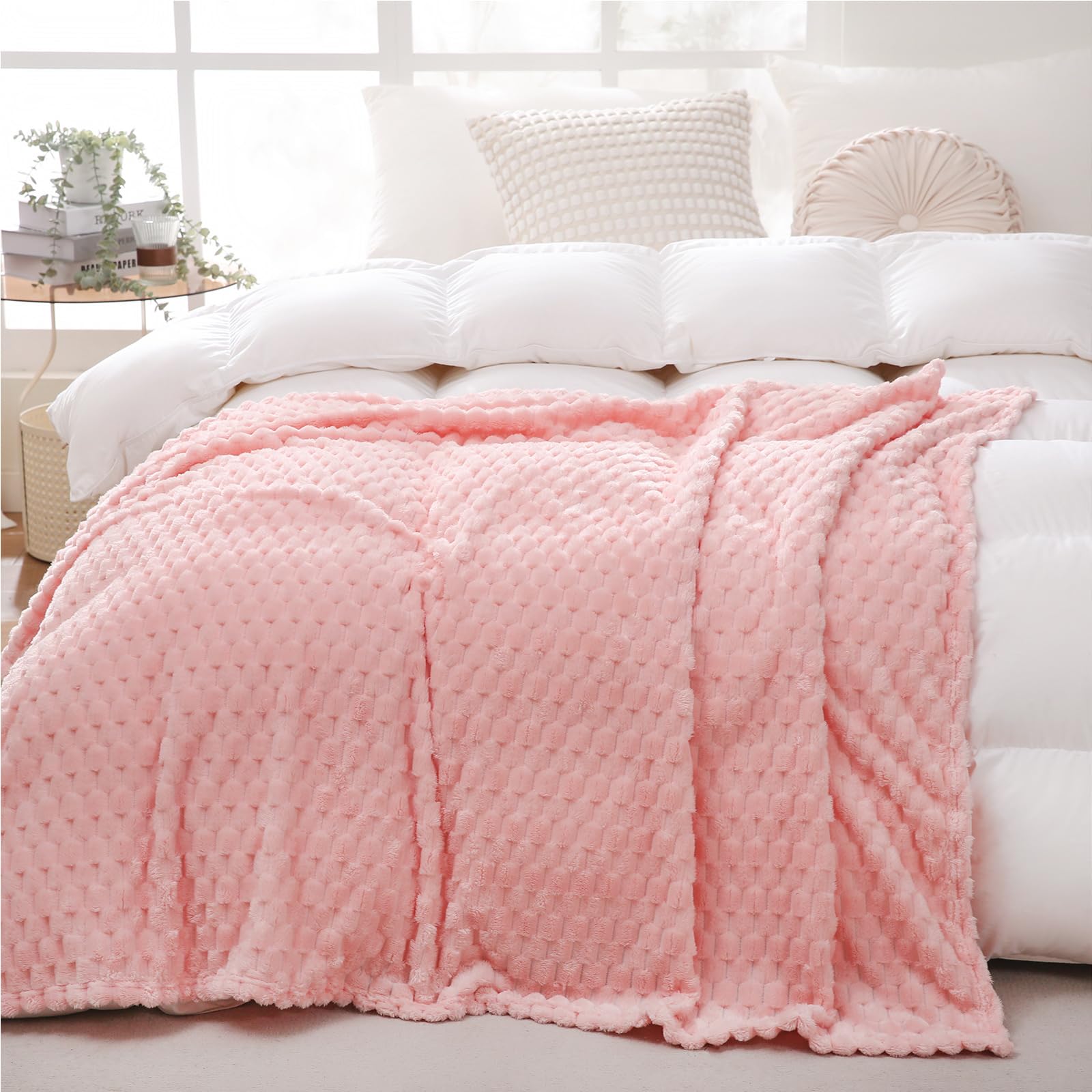 Puncuntex Light Pink Throw Blanket 90''  90'' Inches Fuzzy 3D Jacquard Decorative Flannel Fleece Super Soft Plush Cozy Blanket F