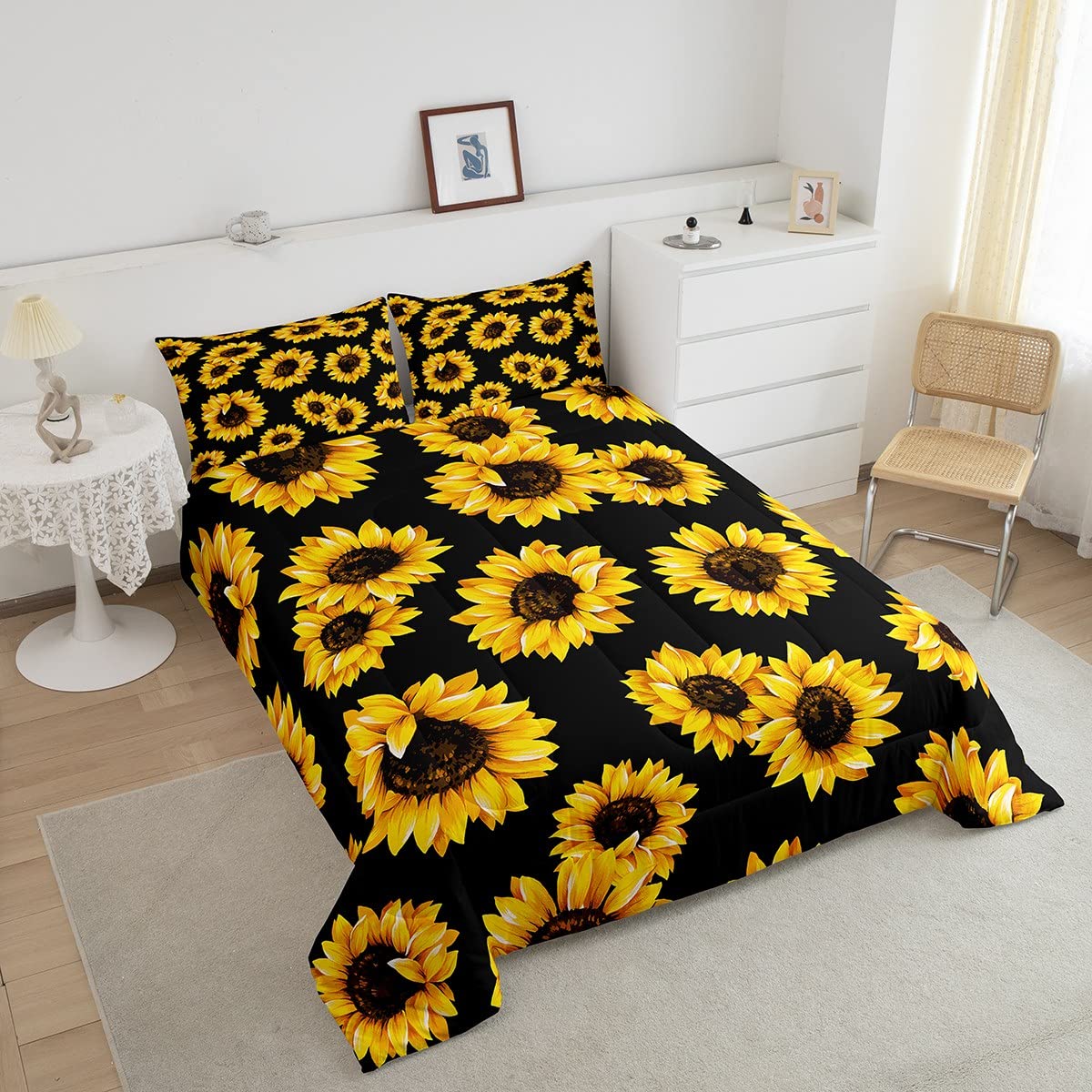 Erosebridal Yellow Sunflowers Bedding Black Yellow Comforter Set Gold Yellow Sunflowers Printed Luxury Black Boys Girls Bedding