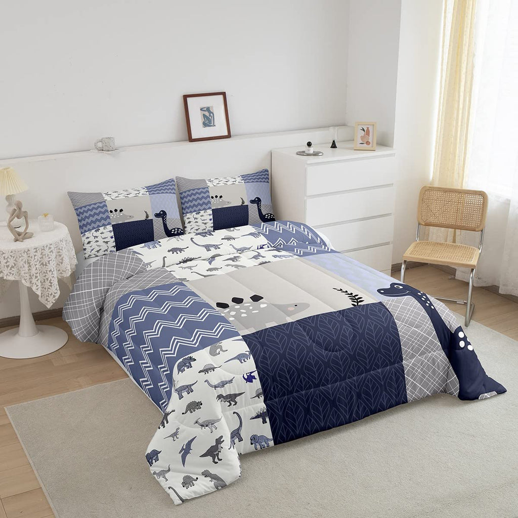 Cute Dinosaur Full Size Comforter Set Blue Gray Grid Bedding Set For Kids Adults Teens Kids Cartoon Animals Comforter Luxury Waves Stripes Quilt Set Room Decor 3Pcs