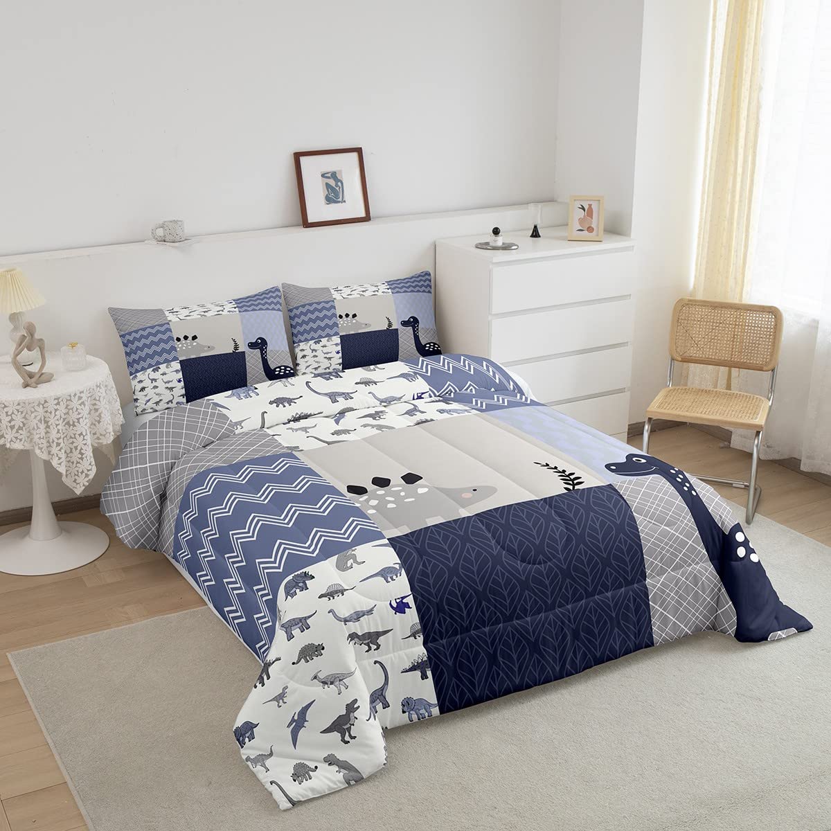 Cute Dinosaur Full Size Comforter Set Blue Gray Grid Bedding Set For Kids Adults Teens Kids Cartoon Animals Comforter Luxury Waves Stripes Quilt Set Room Decor 3Pcs