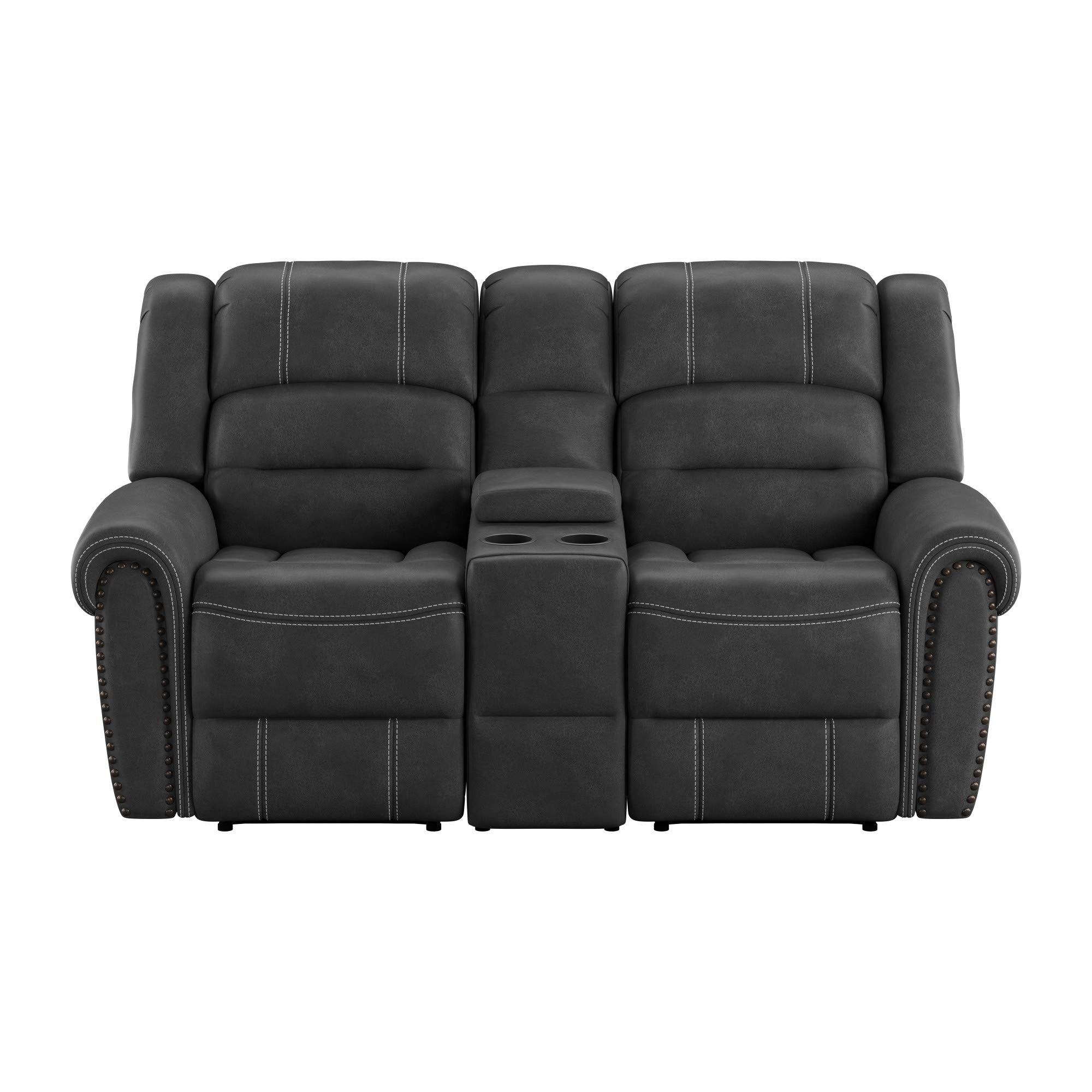 Madrona Burke Mason Slate Gray Reclining Console Loveseat with Contrast Stitching