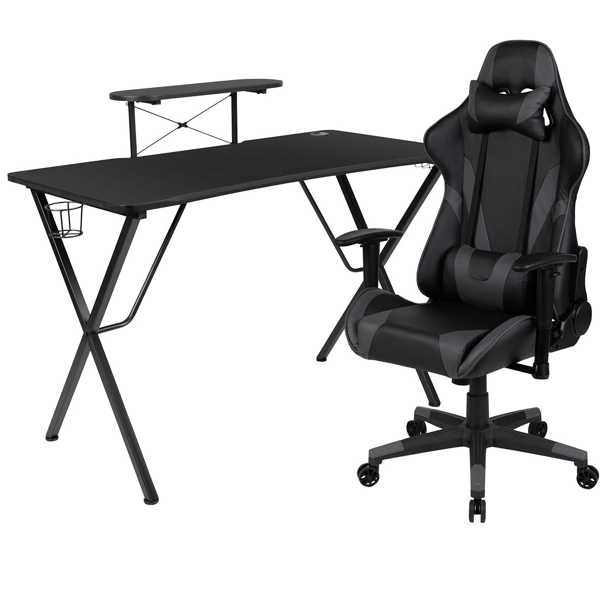 Flash Furniture Optis Black Gaming Desk And Gray Reclining Gaming Chair Set With Cup Holder, Headphone Hook, And Monitor/Smartphone Stand