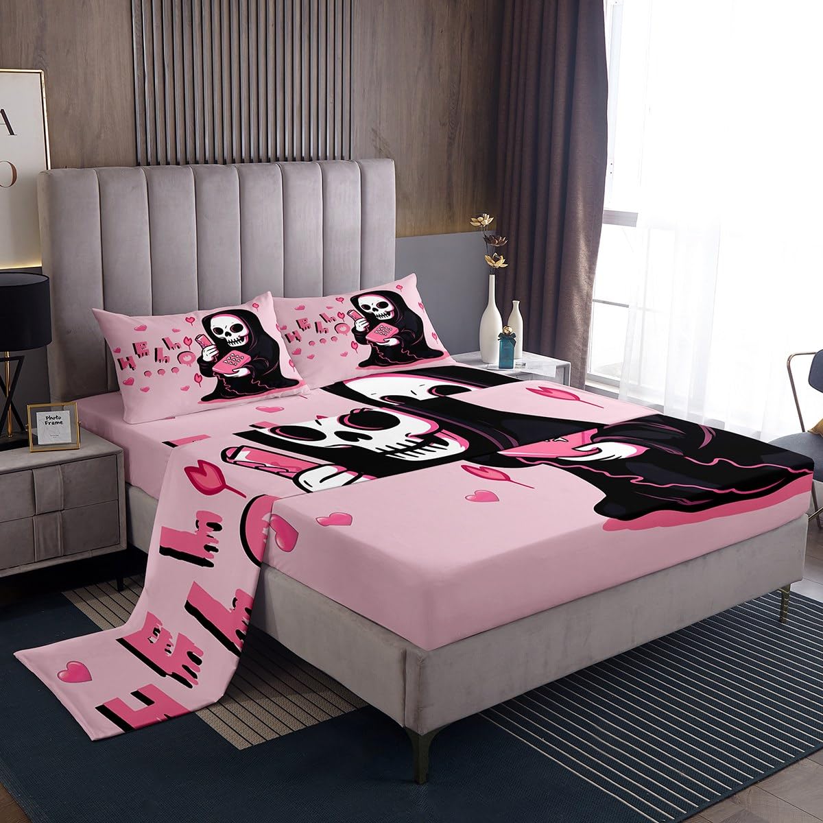 Feelyou Happy Halloween Sheet Set for Kids Boys Girls Pink Skull Ghost Printed Sheets with Deep Pocket Fitted Sheet Queen Size H