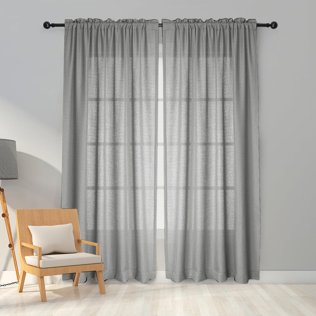 Melodieux Silver Gray Semi Sheer Curtains 45 Inch Length for Bedroom Kitchen Small Windows, Linen Look Rod Pocket Privacy Sheer 