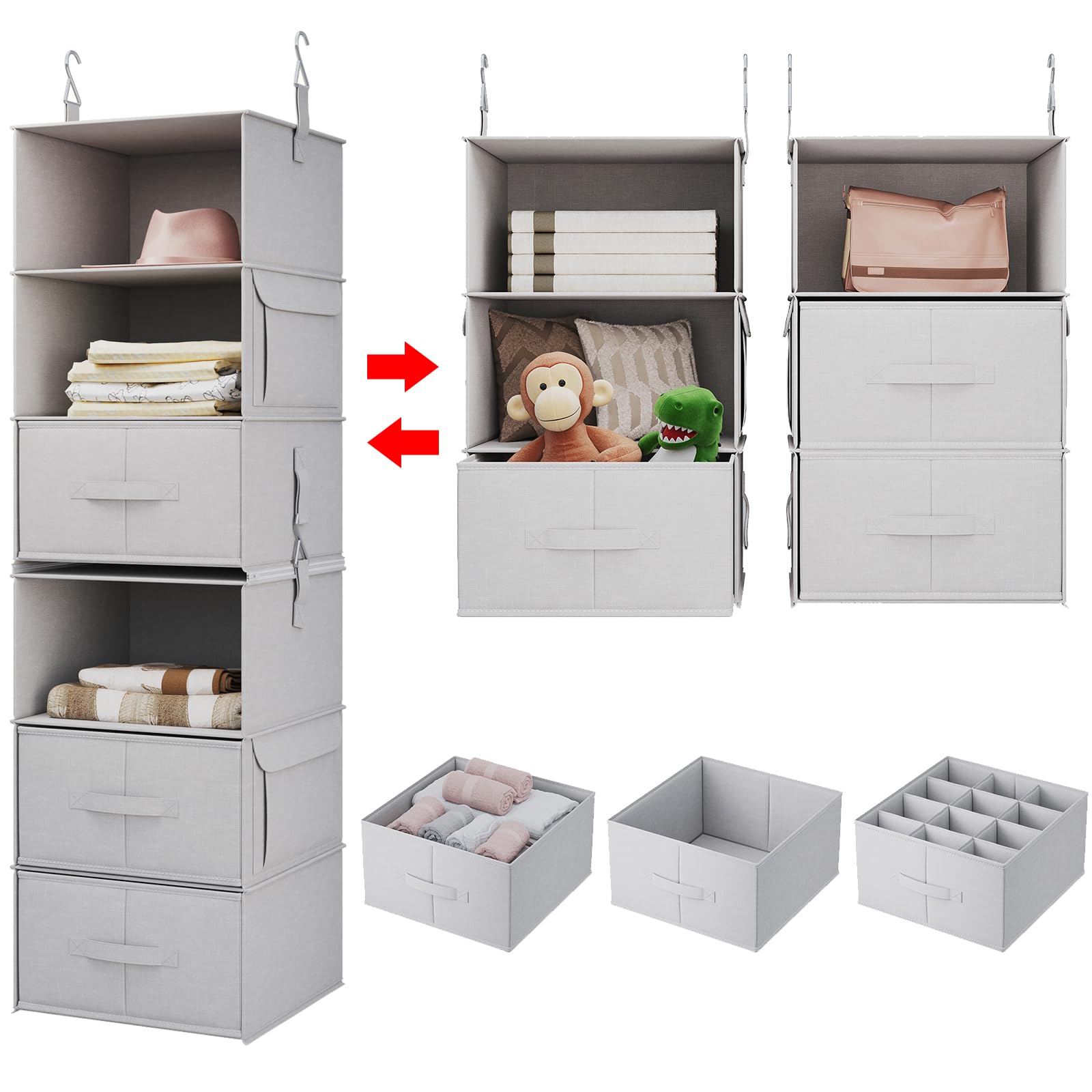 Vailando 6-Shelf Hanging Closet Organizer, 2 Separable 3-Shelf Hanging Shelves with 3 Drawers for Wardrobe, Nursery, Baby Clothe