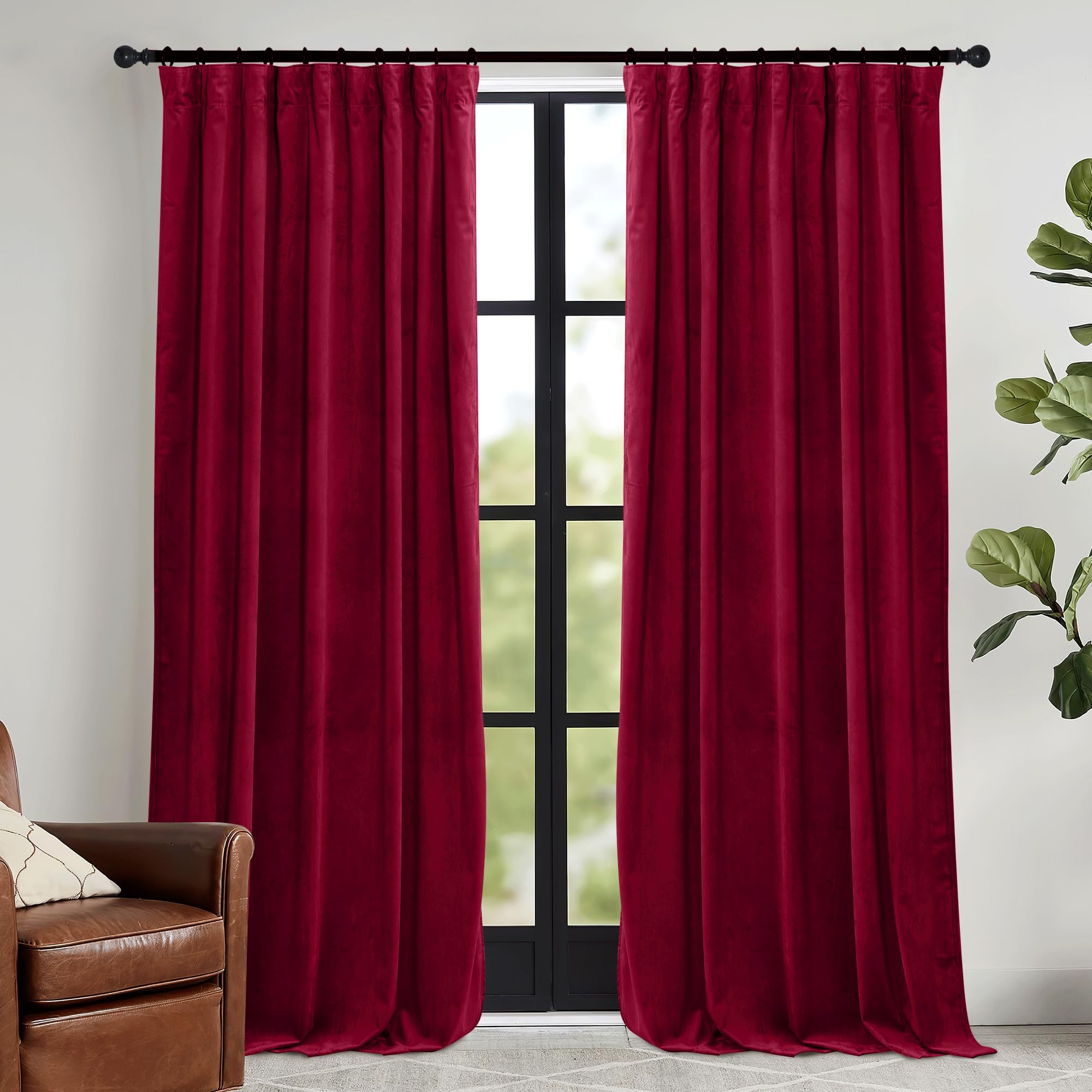 Ryb Home Red Velvet Curtains 84 Inches- Room Darkening Curtains For Bedroom, Thermal Insulated Window Curtain For Living Room Di