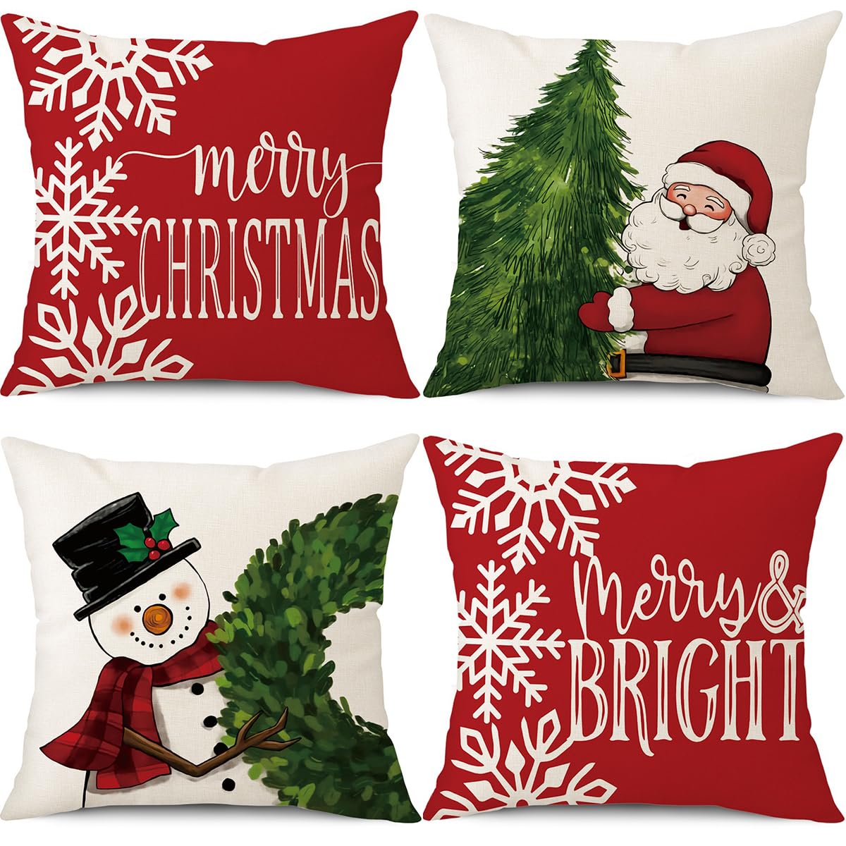 Psdwets Merry Christmas Pillow Covers 18X18 Set Of 4 Christmas Decorations Snowman Santa Claus Wreath Christmas Tree Winter Holi